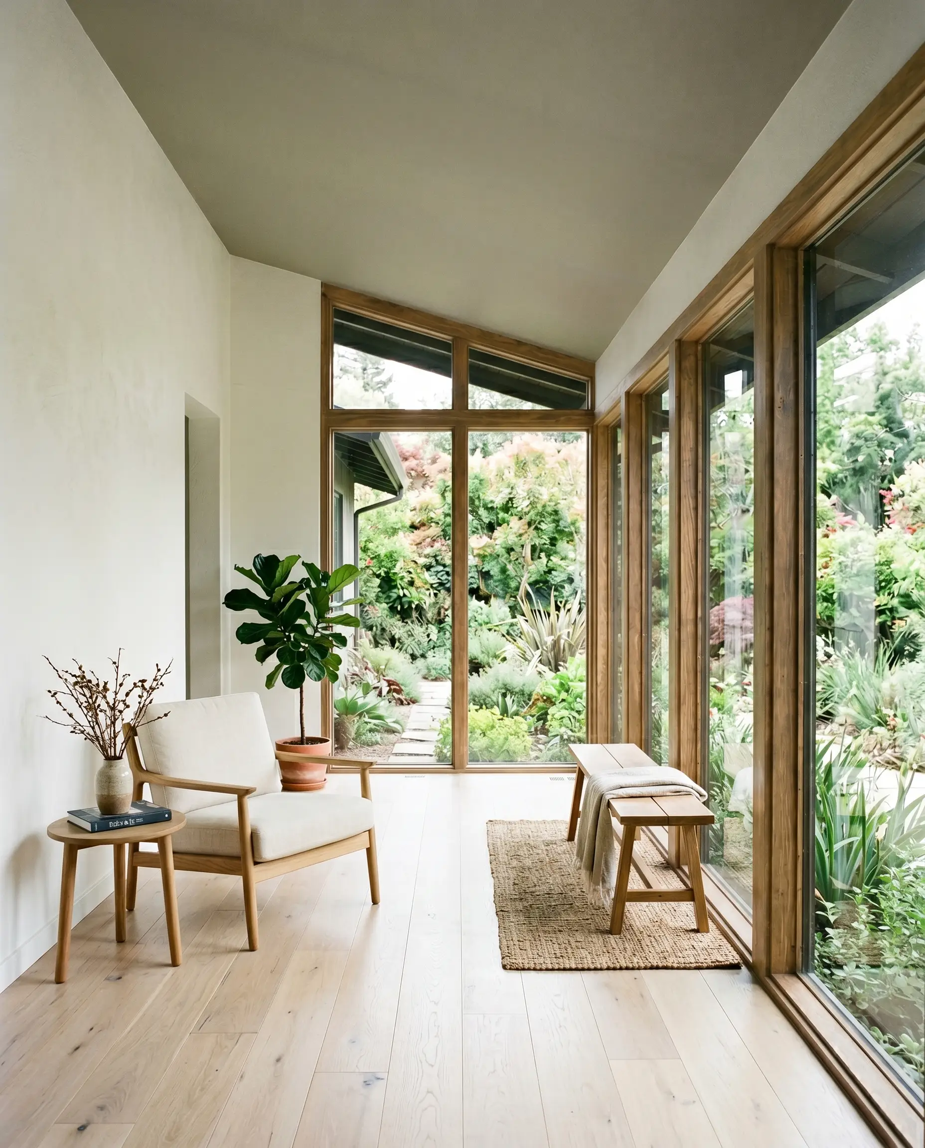 Crisp white walls and white oak flooring frame a subtle cool gray painted ceiling in an enclosed organic modern sunroom.