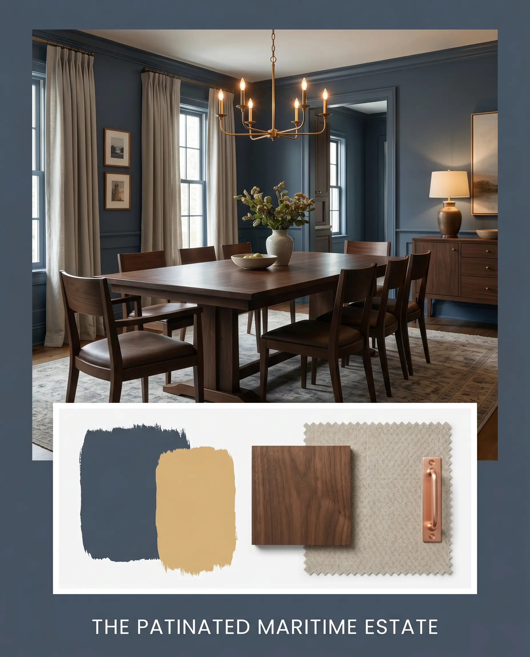 An editorial mood board titled THE PATINATED MARITIME ESTATE pairs a deeply layered dining room with flat-lay swatches of deep matte walnut and heavyweight linen.