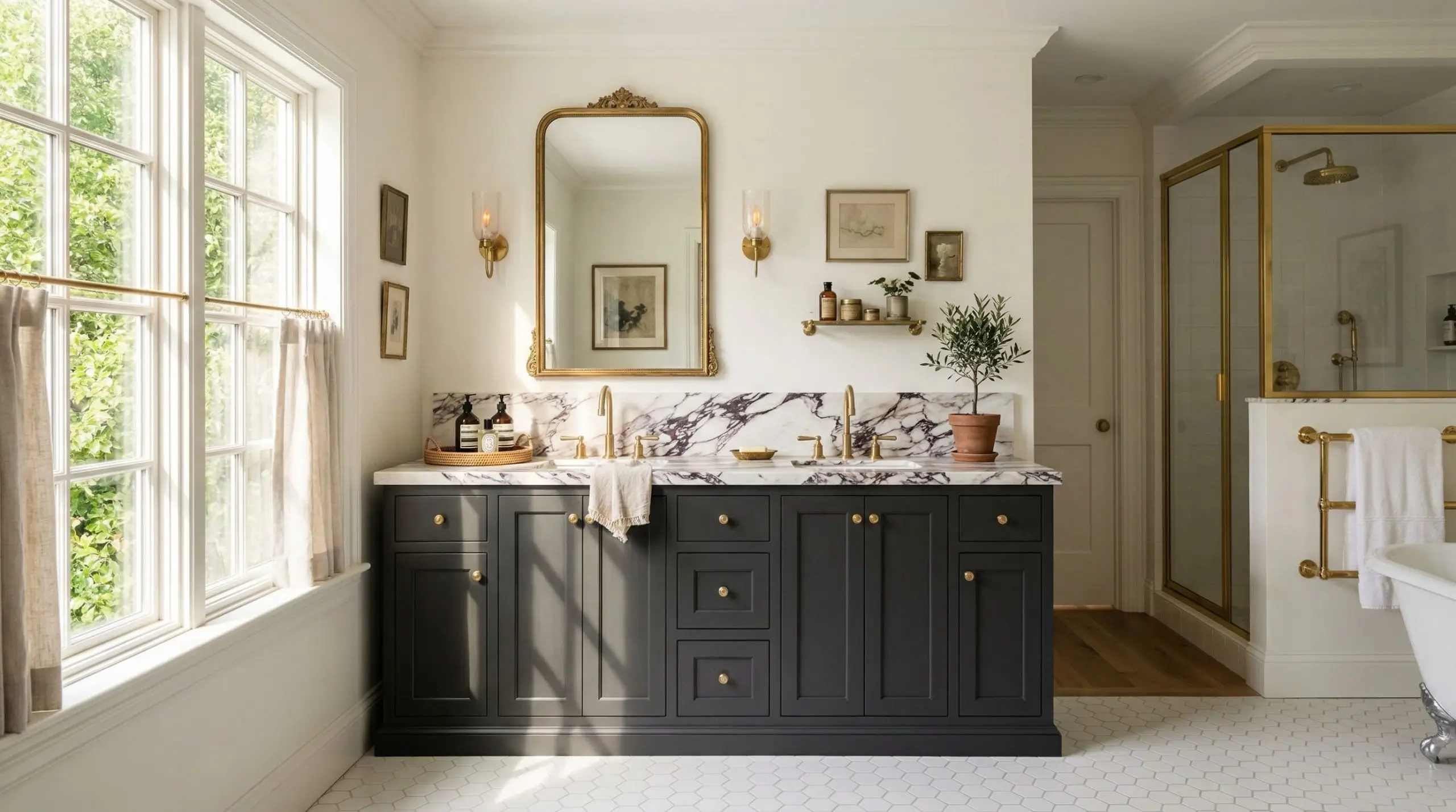 Warm natural sunlight floods a vintage bathroom featuring a smooth moody indigo-purple vanity cabinet set against stark white walls and topped with Calacatta Viola marble.