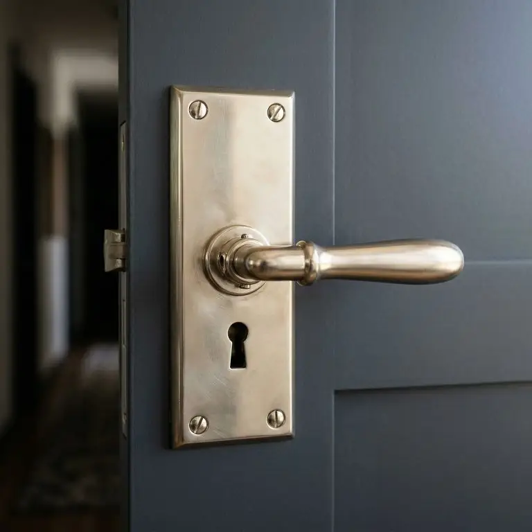 Close-up of a heavy-gauge polished nickel escutcheon plate and lever mounted against a deep charcoal painted solid-core door.