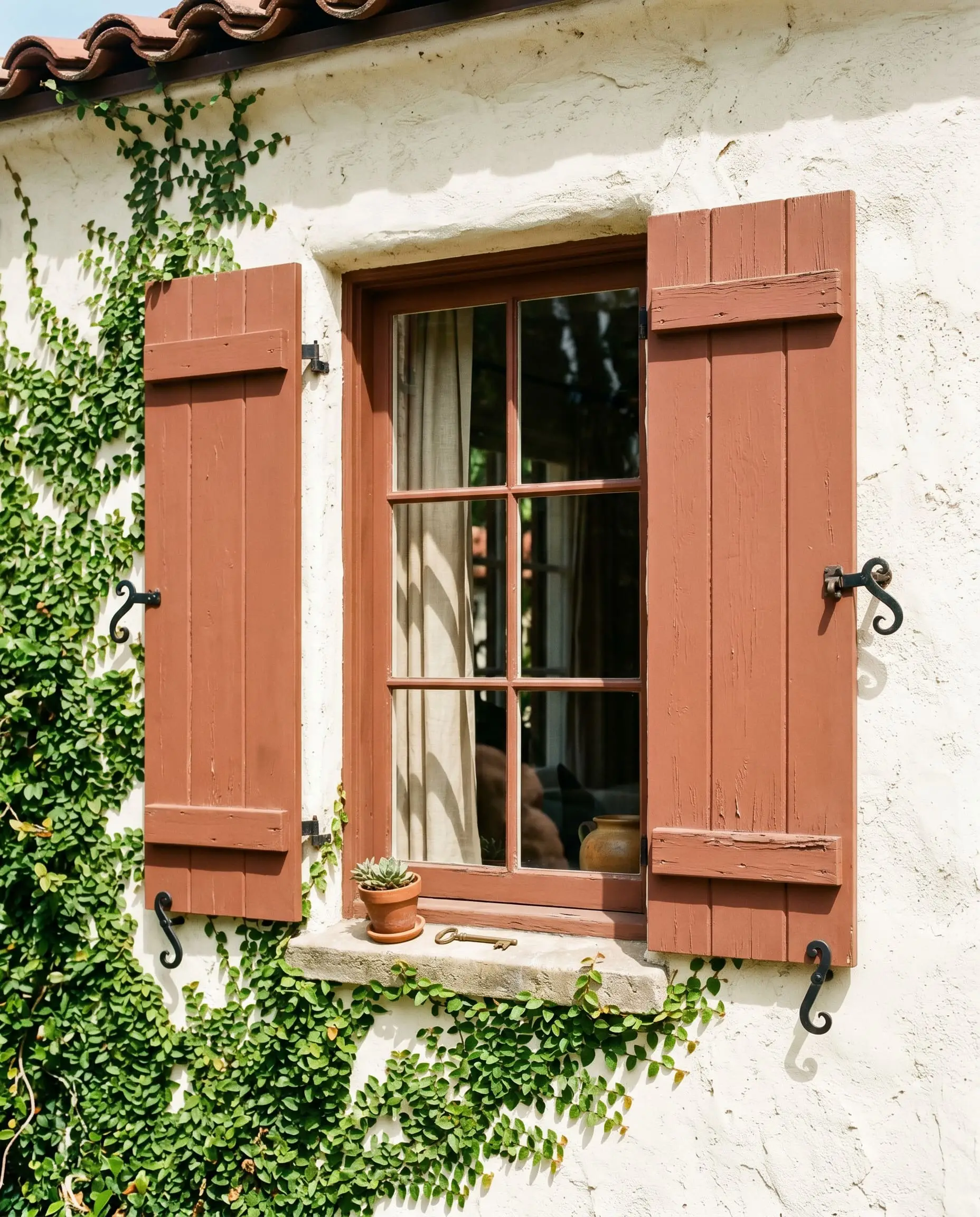 Matte black iron shutter dogs secure rustic clay painted wooden window shutters against rough creamy white stucco alongside a climbing green vine.
