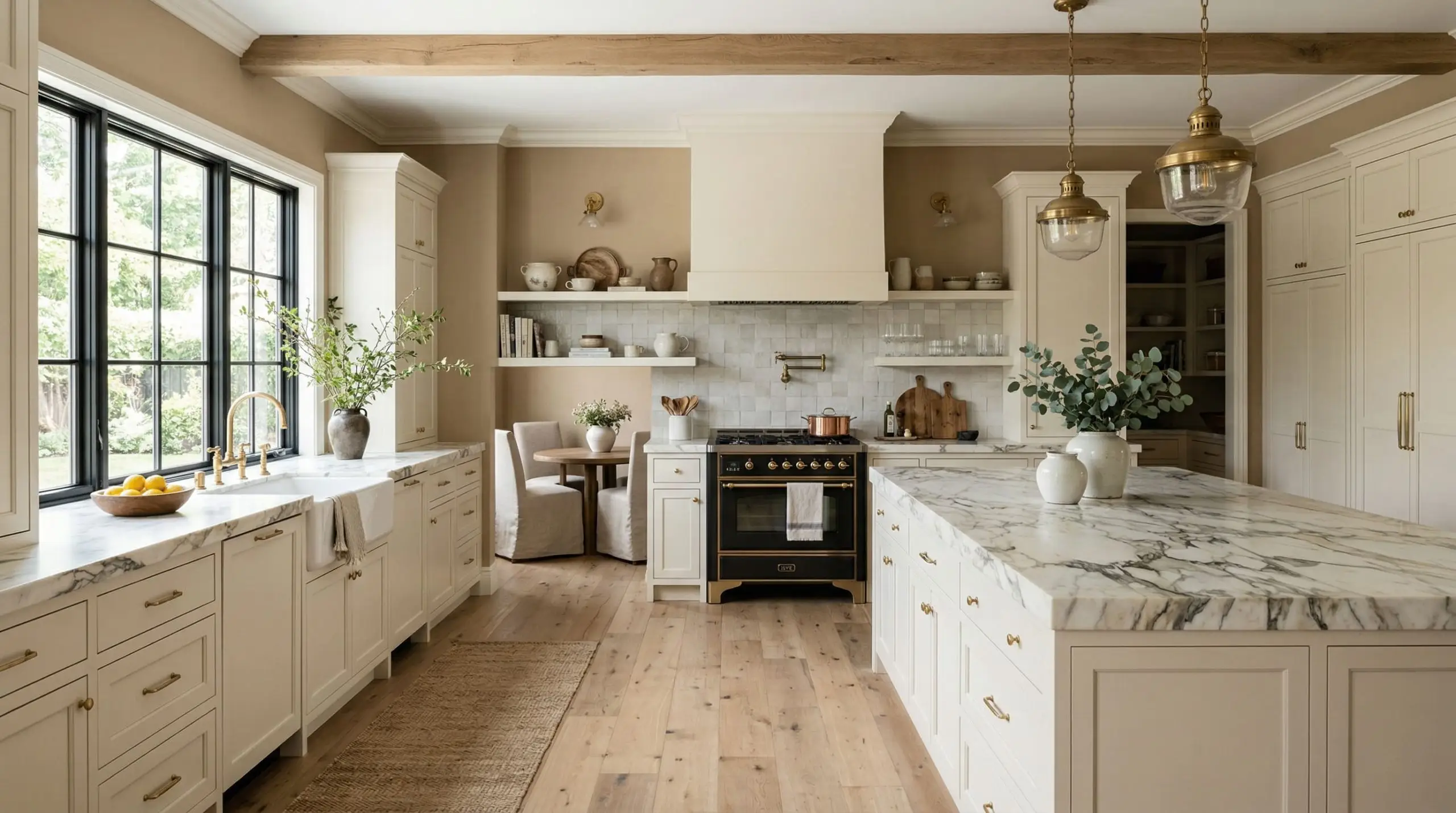 Bright natural daylight illuminates a rustic kitchen featuring creamy off-white cabinetry and heavily veined stone countertops against Benjamin Moore Sherwood Tan (Hex #B8A183) walls.