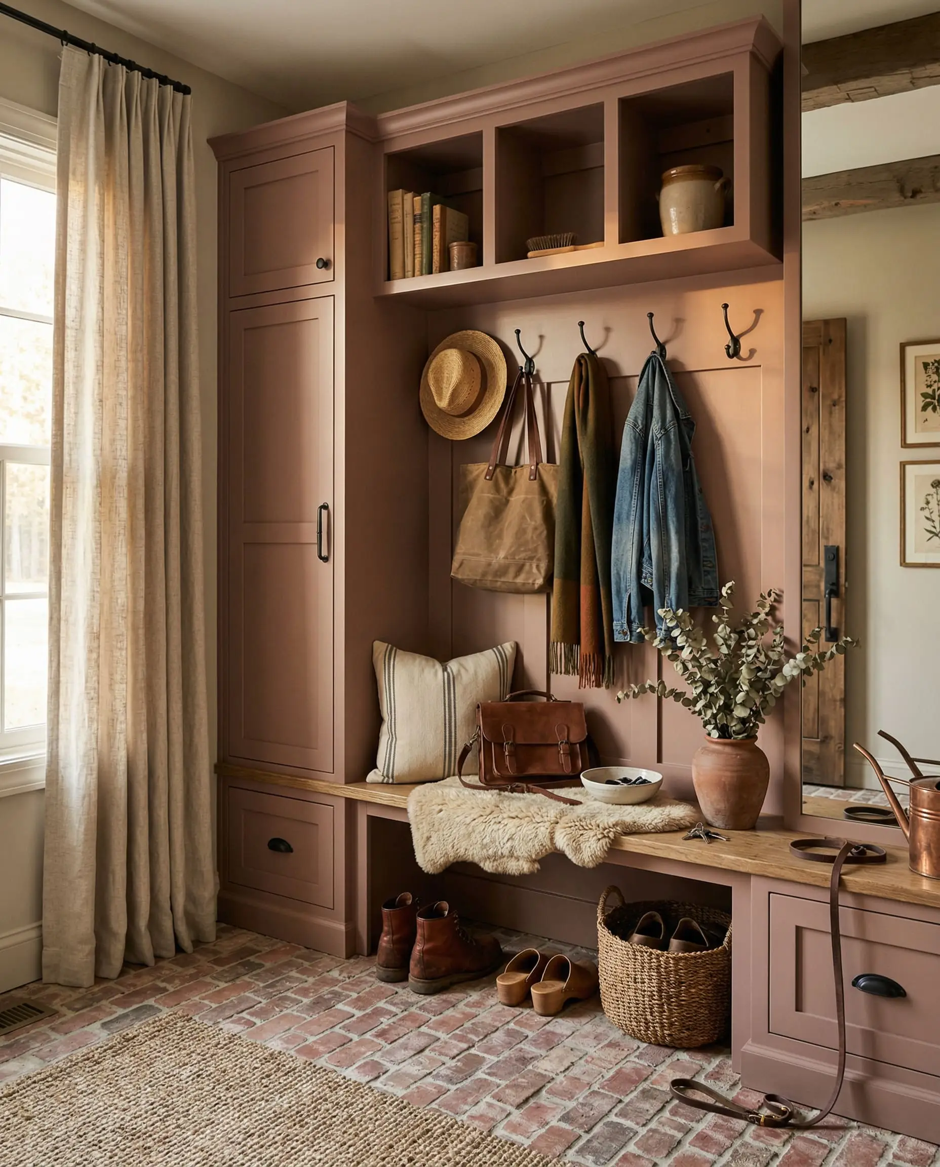 Natural golden hour sunlight warms a rustic refined mudroom showcasing tumbled red brick flooring, matte black iron hardware, heavy linen drapery, and muted terracotta accent cabinetry.