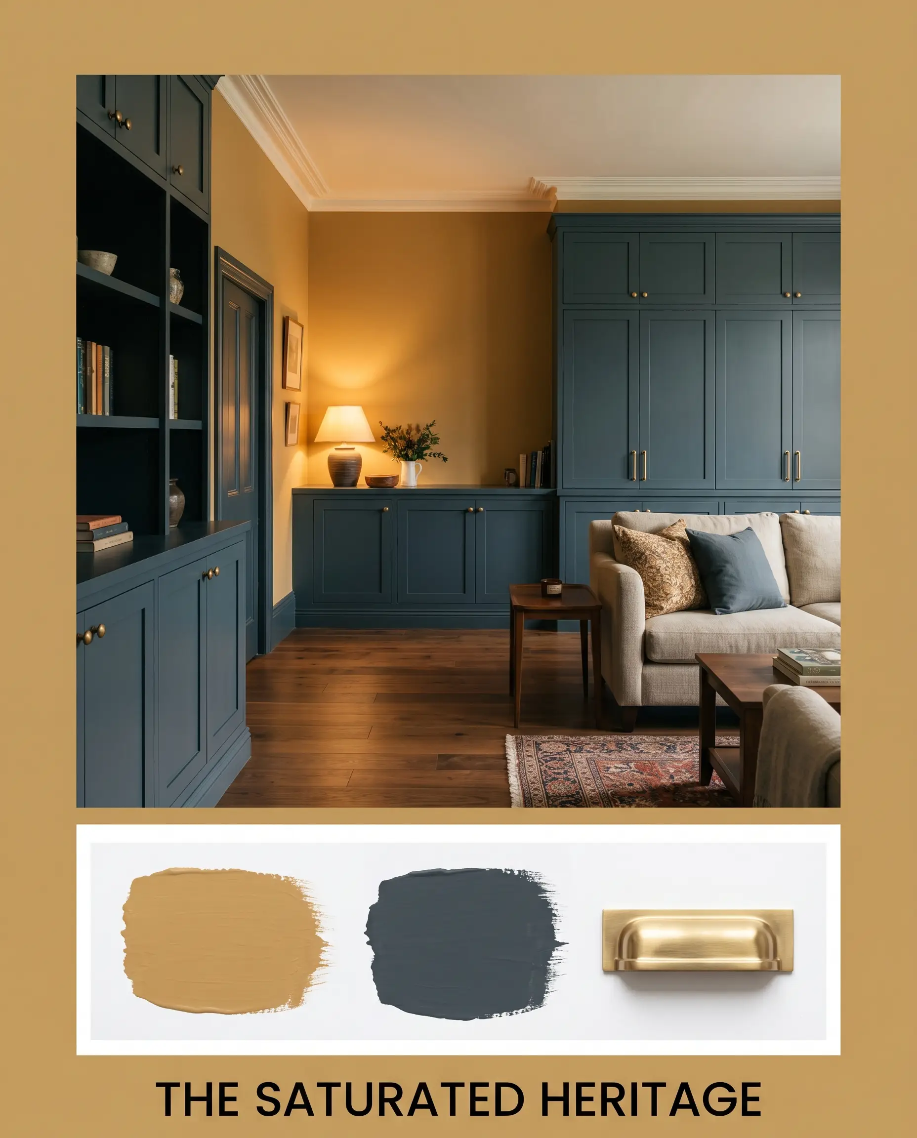 An editorial layout titled "THE SATURATED HERITAGE" pairs a dramatic living room featuring deep mustard ochre walls and dark blue cabinetry with a flat-lay of unlacquered brass hardware.