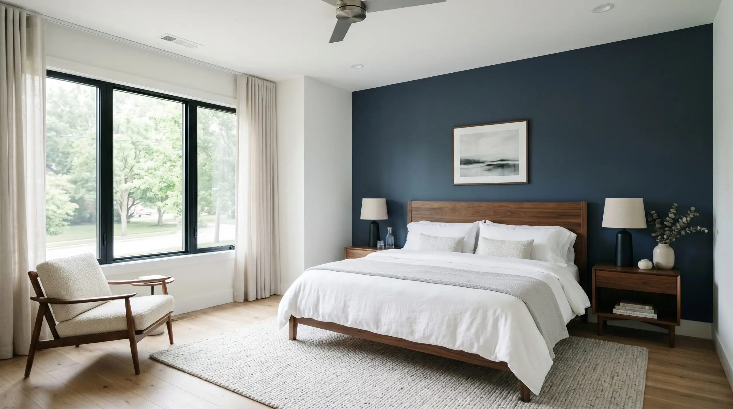 A restful master bedroom features a grounding accent wall painted in Sherwin-Williams Sea Mariner (Hex #434A54), contrasting with a walnut headboard and breezy white linens.
