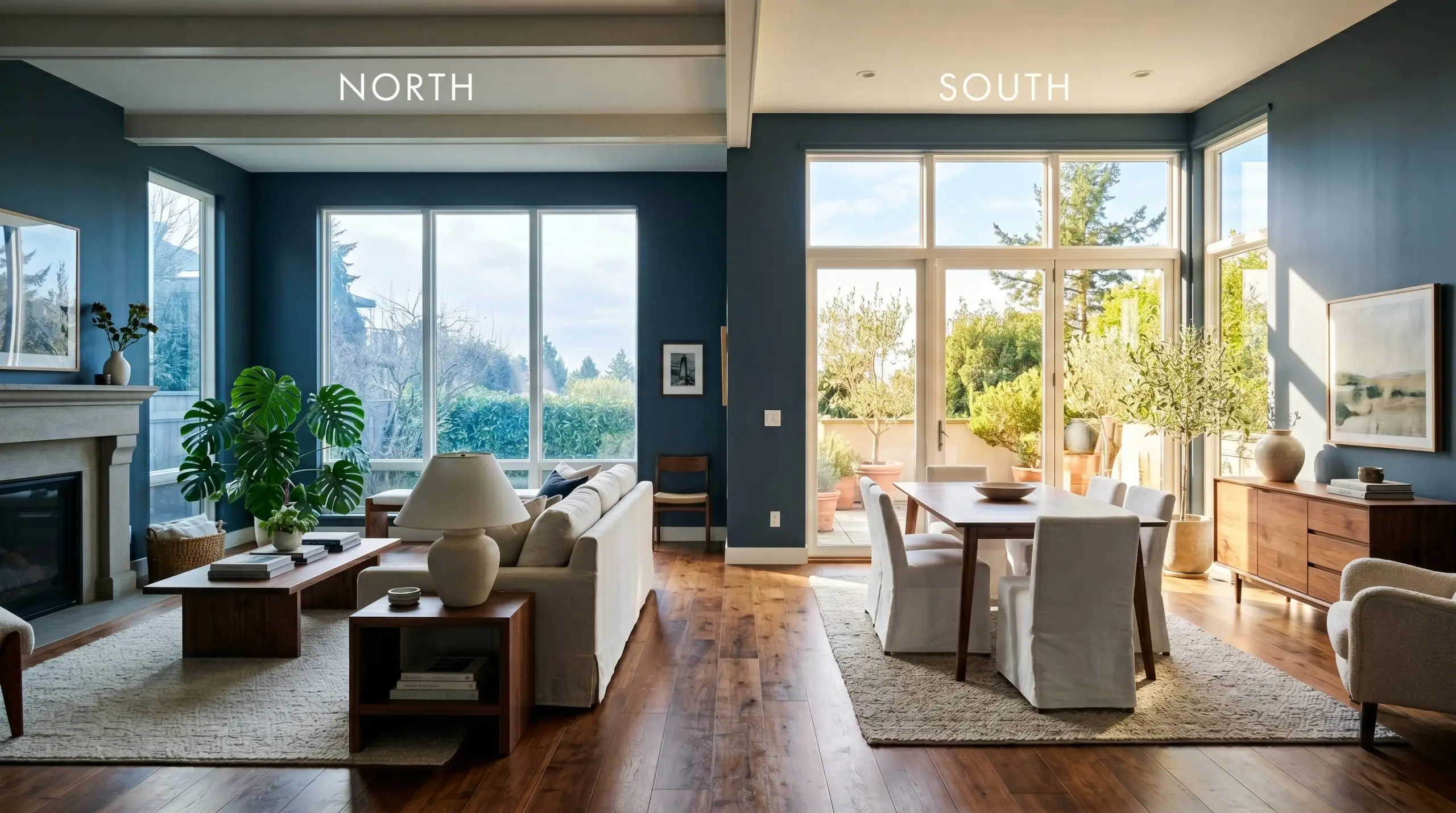 A split-screen view of a living room shifting from a chilly violet-blue micro-nuance in North-facing light to a warmer charcoal tone under South-facing sunshine.