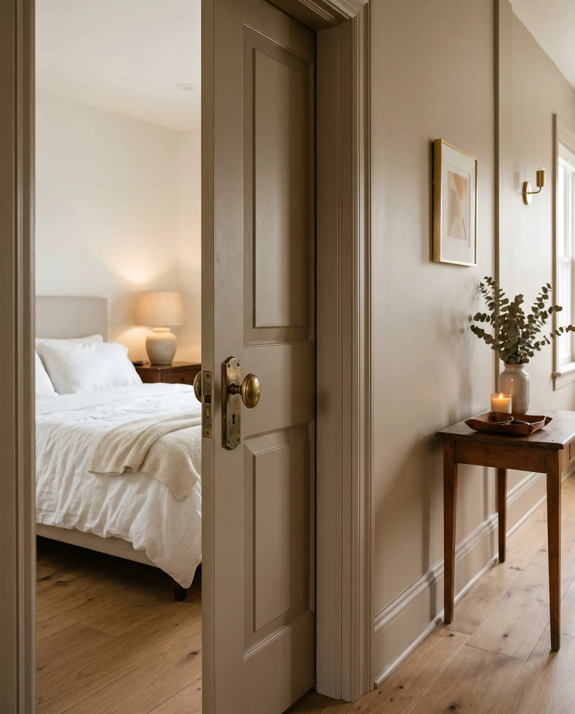 A solid core door and adjacent casing are painted in a seamless mushroom hue, accented by a vintage brass door knob and crisp white bedding.