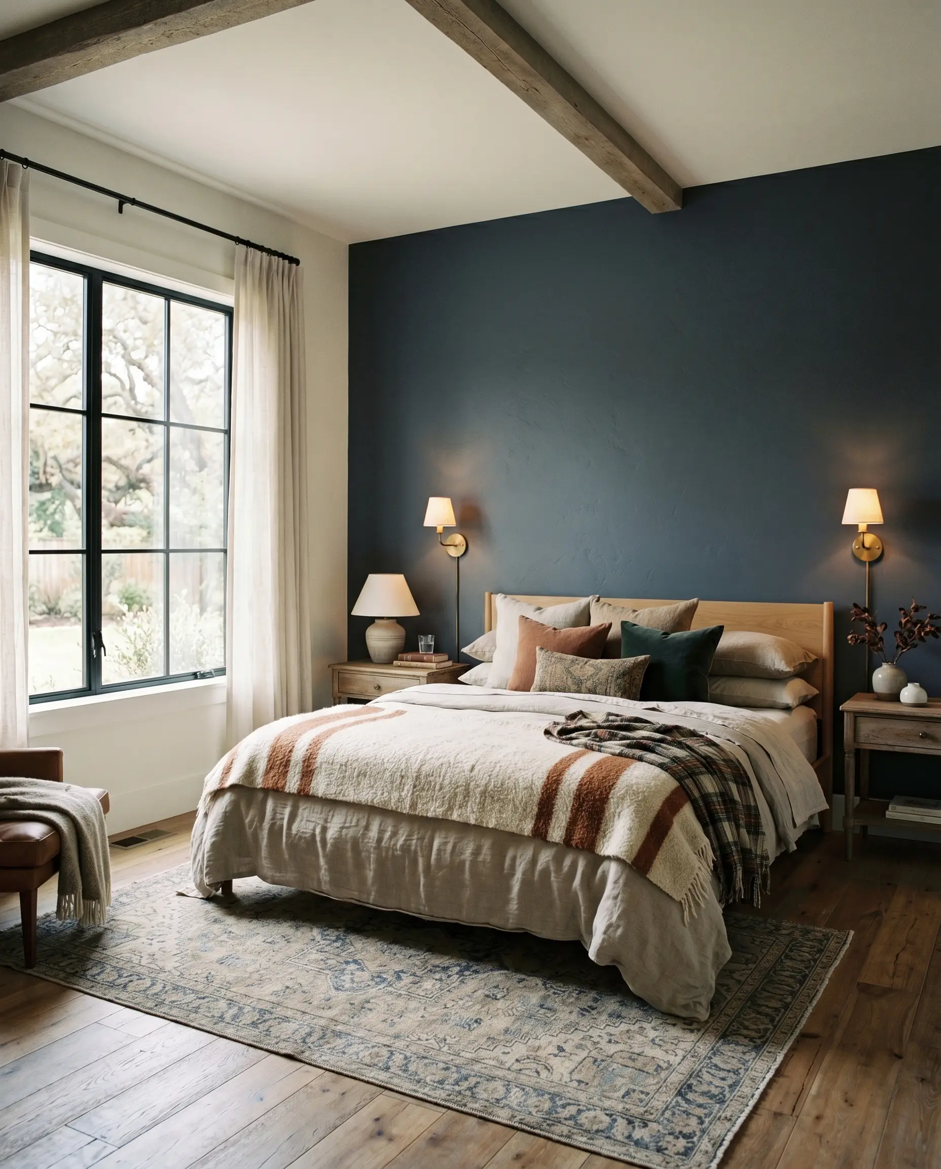 An anchoring headboard wall painted in Benjamin Moore Deep Space (Hex #52565A) features unlacquered brass bedside sconces casting a warm glow over layered bedding.