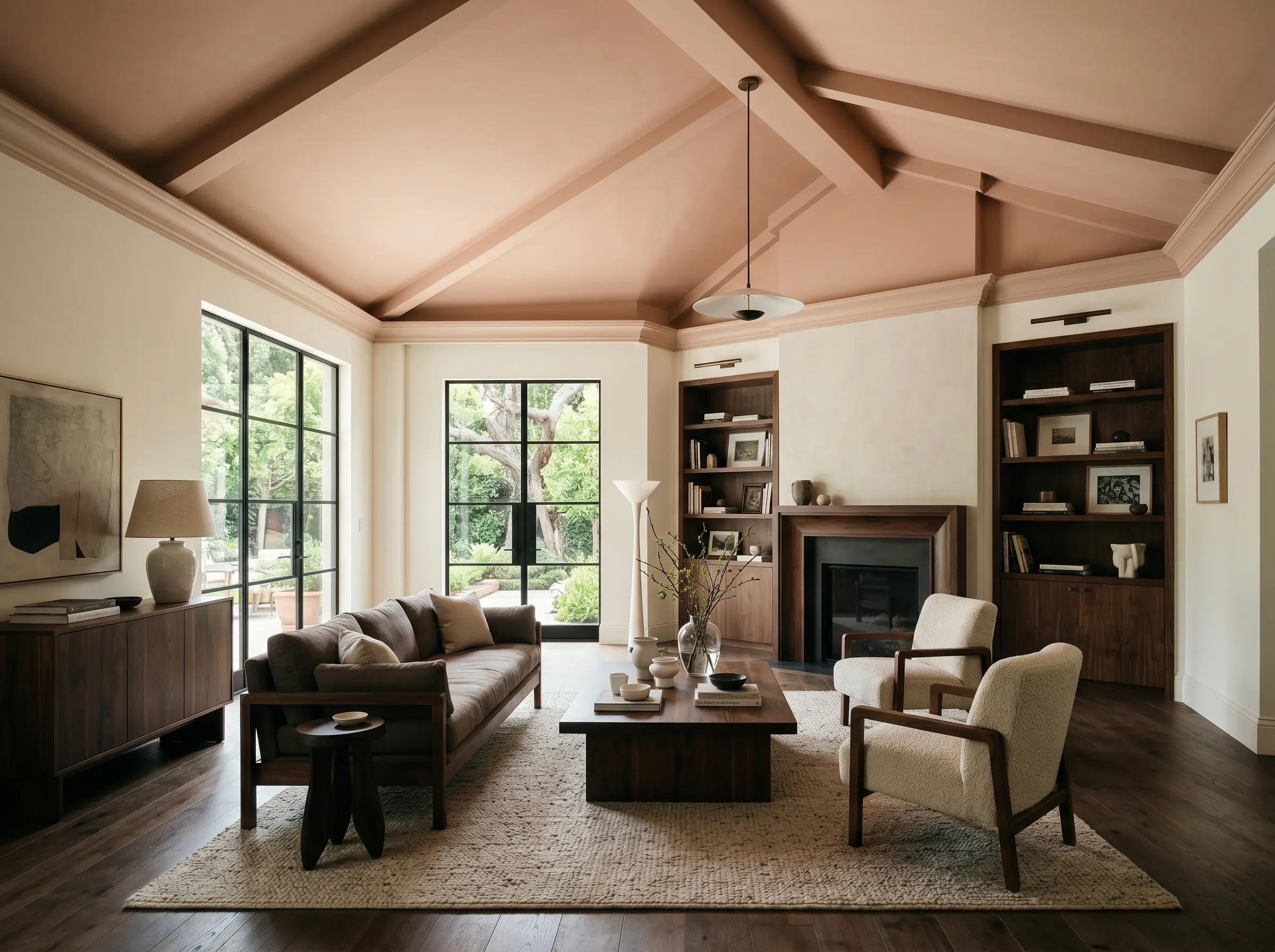 A grand living room features creamy off-white walls and dark walnut furniture beneath a ceiling painted in Farrow & Ball Setting Plaster (Hex #d9c0ae).