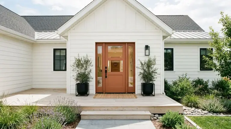 A striking front door painted in Sherwin-Williams Cavern Clay (Hex #AC6B53) contrasts sharply against stark white exterior siding and pale white oak porch decking under bright sunlight.
