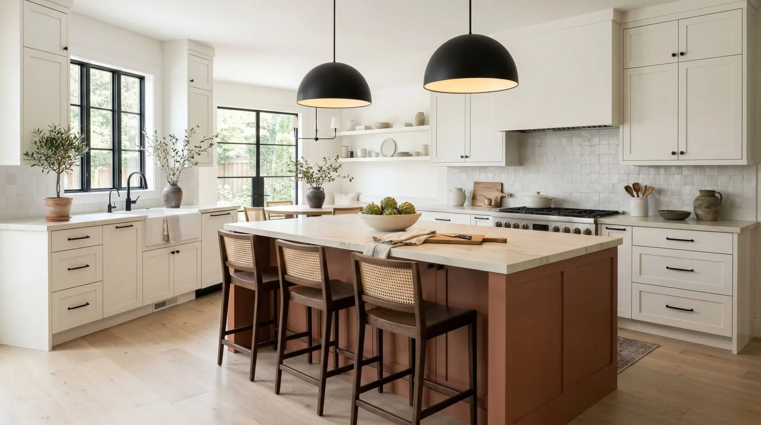 A transitional modern kitchen features creamy white shaker cabinets, pale white oak floors, and a striking island base painted in Sherwin-Williams Cavern Clay (Hex #AC6B53).