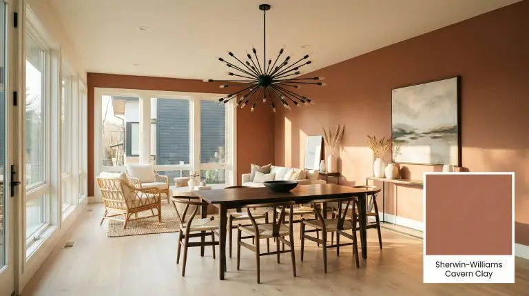 An open-plan mid-century modern dining and lounge space features a vibrant accent wall painted in Sherwin-Williams Cavern Clay (Hex #AC6B53) alongside a dark walnut table and pale white oak floors.