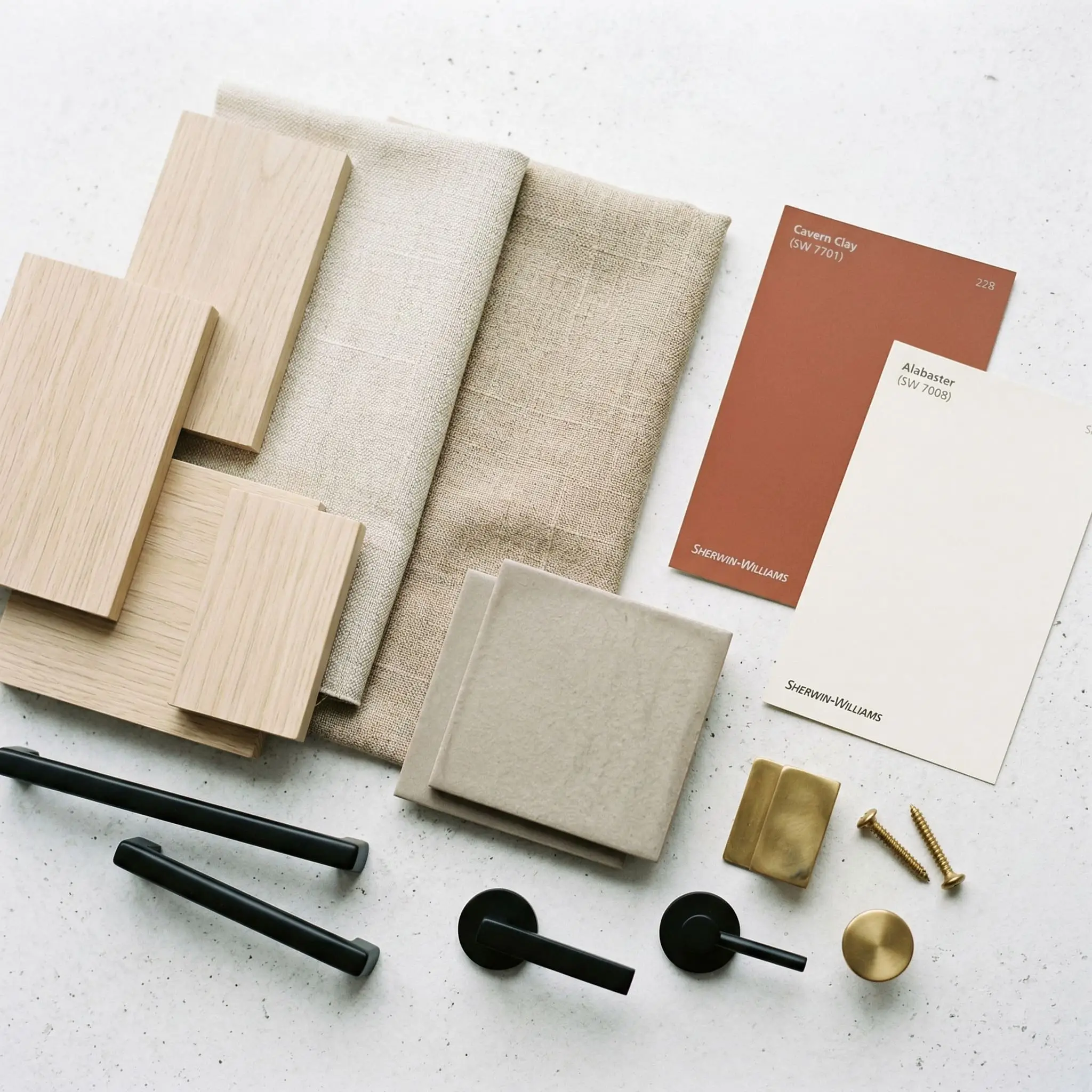 An architectural flat-lay of material swatches includes pale white oak wood, matte black metal, unlacquered brass, oversized linen, and a color card of Sherwin-Williams Cavern Clay (Hex #AC6B53).