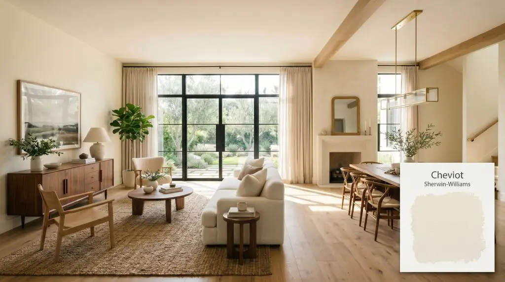 A plush ivory bouclé sofa and rich walnut mid-century credenza anchor an open-concept living area painted in Sherwin-Williams Cheviot (Hex #F6F2E8).
