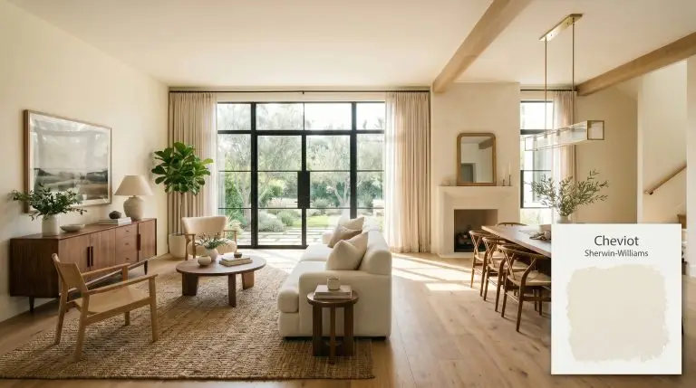A plush ivory bouclé sofa and rich walnut mid-century credenza anchor an open-concept living area painted in Sherwin-Williams Cheviot (Hex #F6F2E8).
