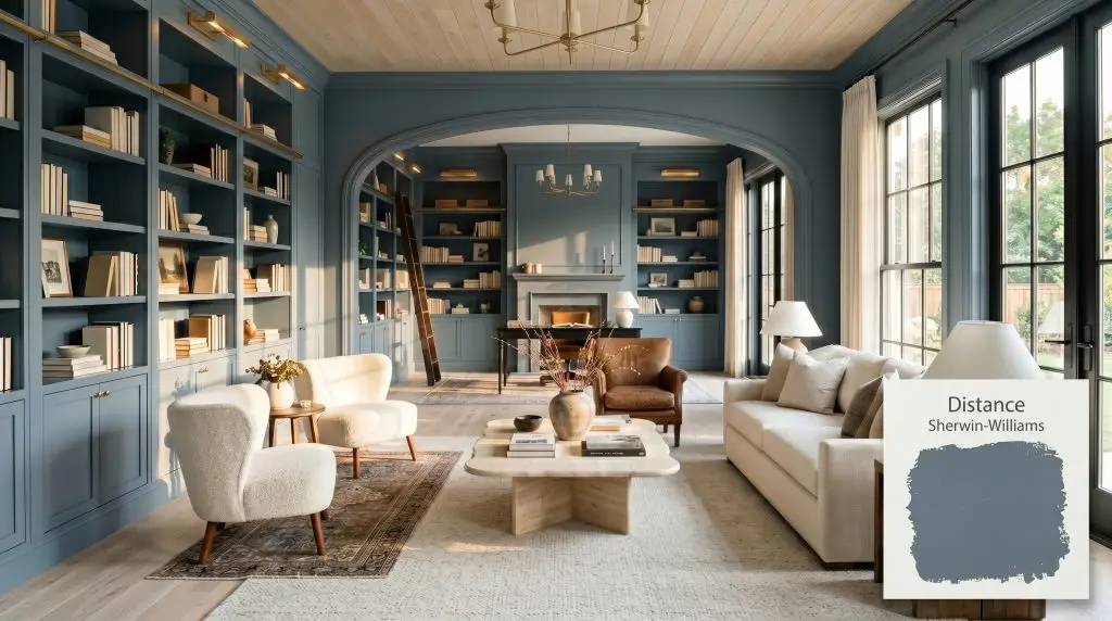 An open-concept executive library features extensive built-in bookshelves painted in Sherwin-Williams Distance (Hex #5D6F7F), paired with a tumbled limestone coffee table and pale ash flooring.