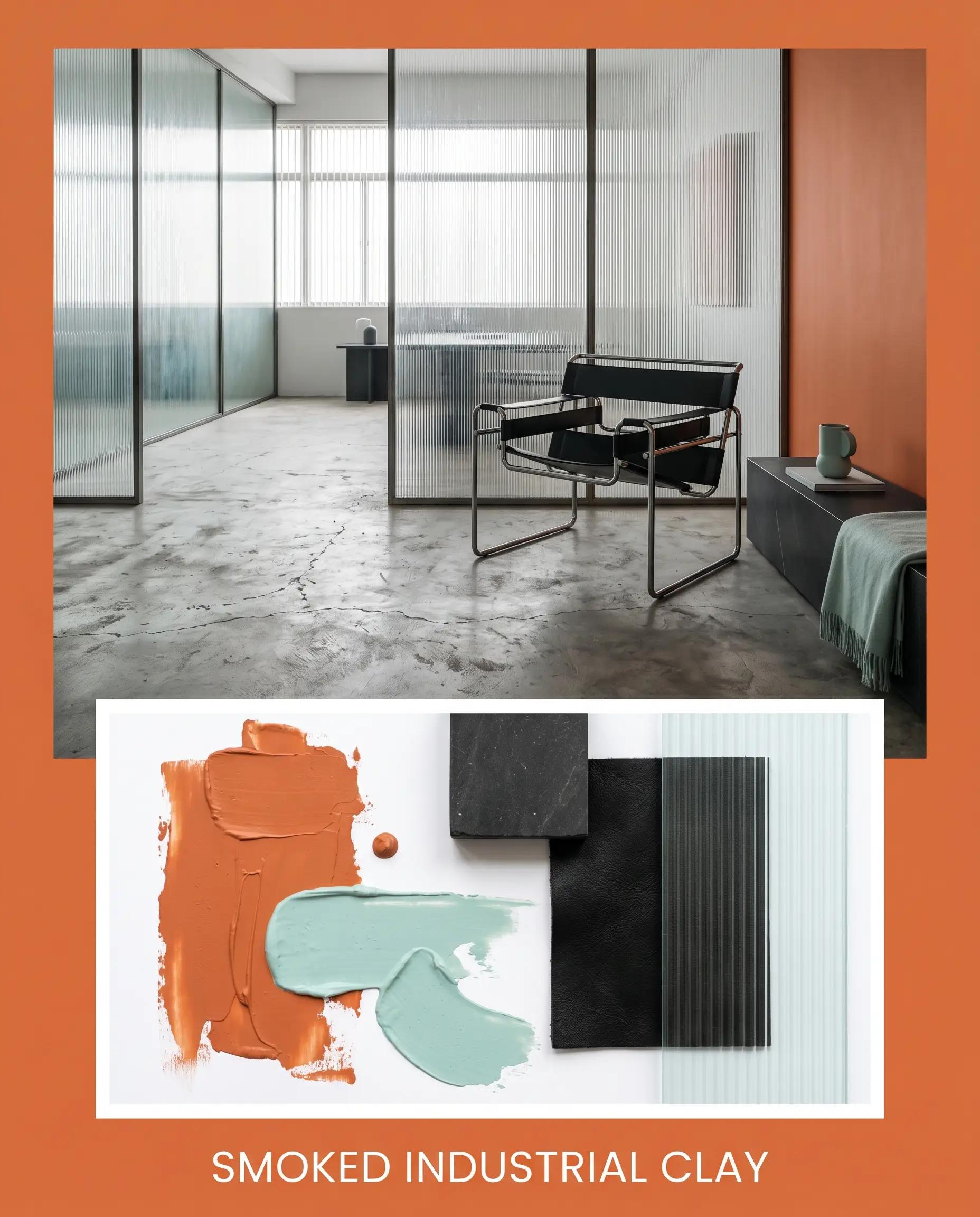 An editorial layout titled SMOKED INDUSTRIAL CLAY pairs a rigid black leather Bauhaus chair with Sherwin-Williams Knockout Orange (Hex #E16F3E) paint textures and fluted glass.