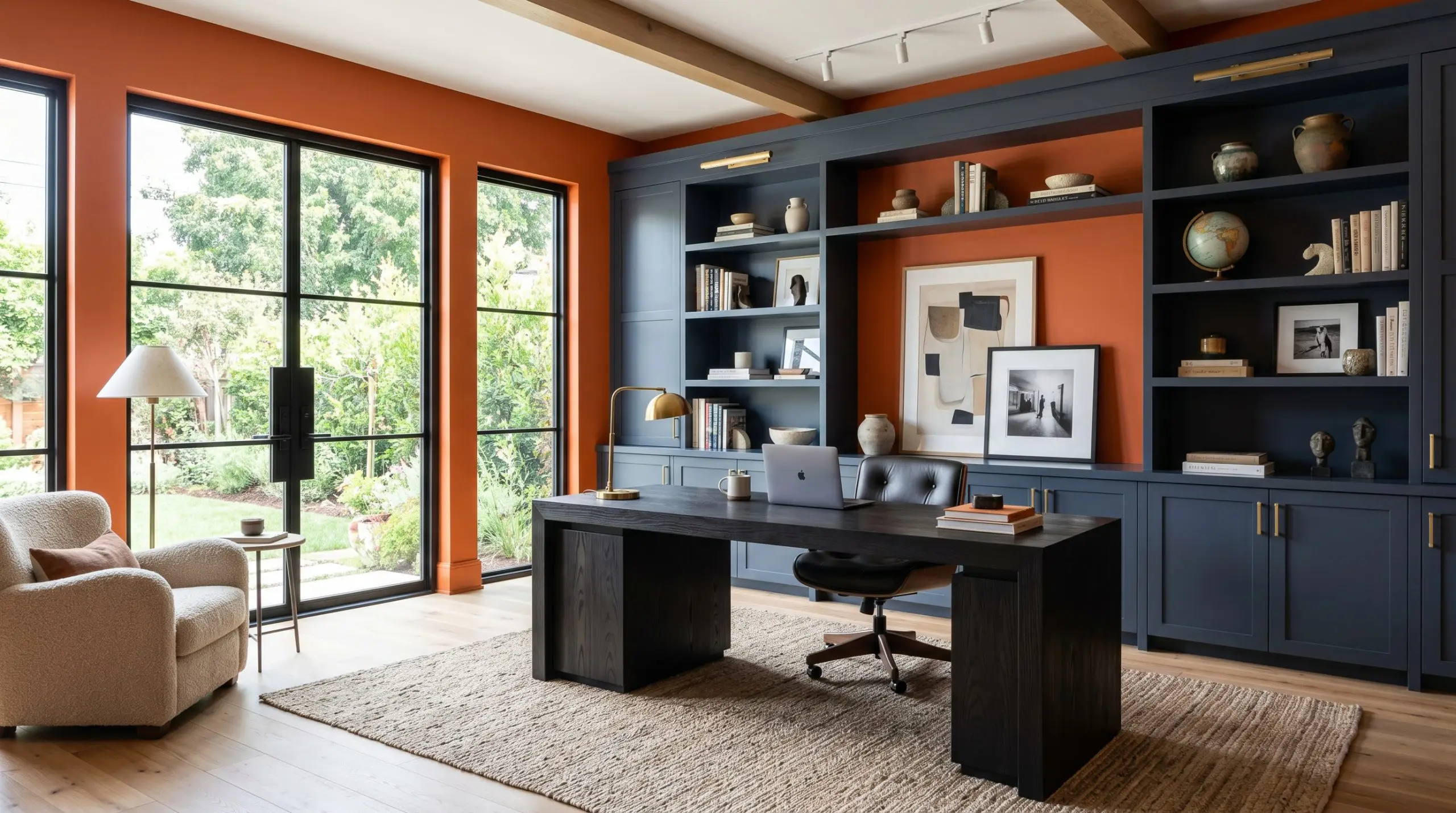 A heavy ebonized wood desk is centered between expansive navy blue built-in shelving and walls painted in Sherwin-Williams Knockout Orange (Hex #E16F3E).