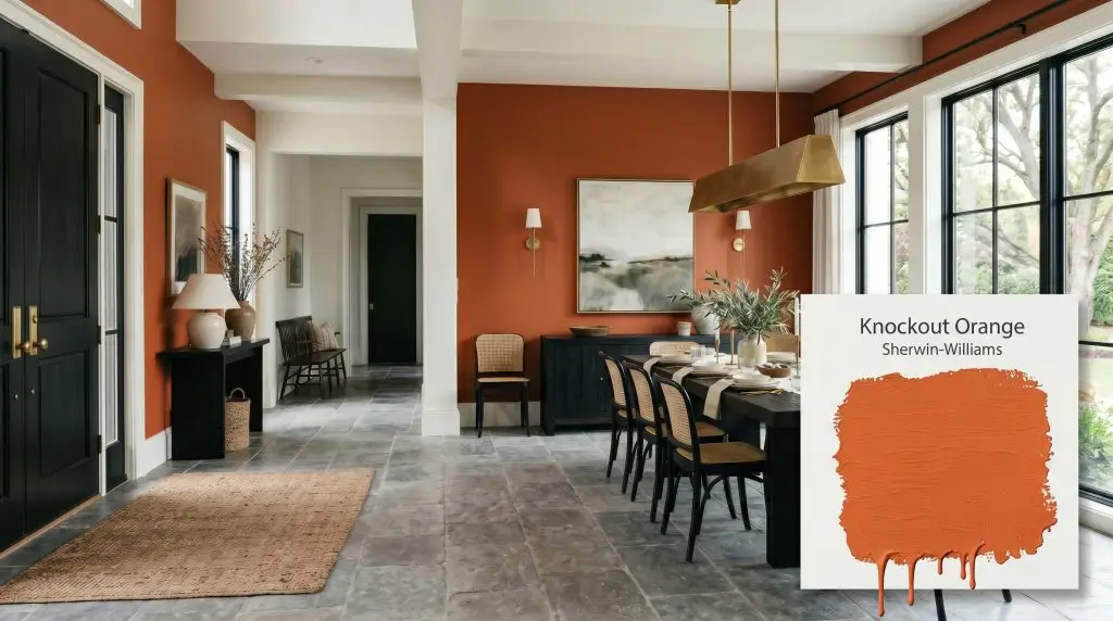 A heavy ebonized ash wood dining table sits on tumbled Belgian bluestone flooring inside an open-concept room painted in Sherwin-Williams Knockout Orange (Hex #E16F3E).