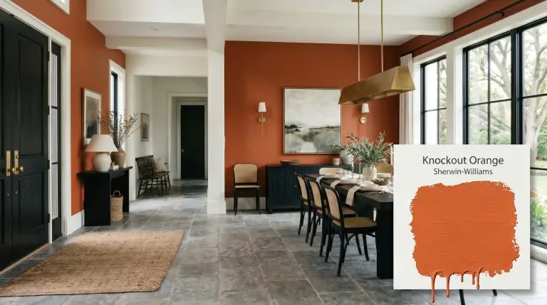 A heavy ebonized ash wood dining table sits on tumbled Belgian bluestone flooring inside an open-concept room painted in Sherwin-Williams Knockout Orange (Hex #E16F3E).
