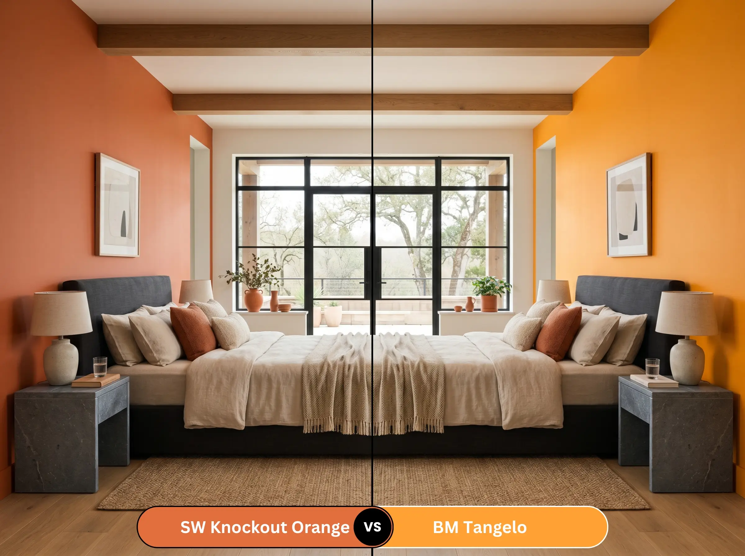 A side-by-side split-screen comparison of Sherwin-Williams Knockout Orange on the left and Benjamin Moore Tangelo on the right, shown in a high-end bedroom featuring tumbled bluestone nightstands.
