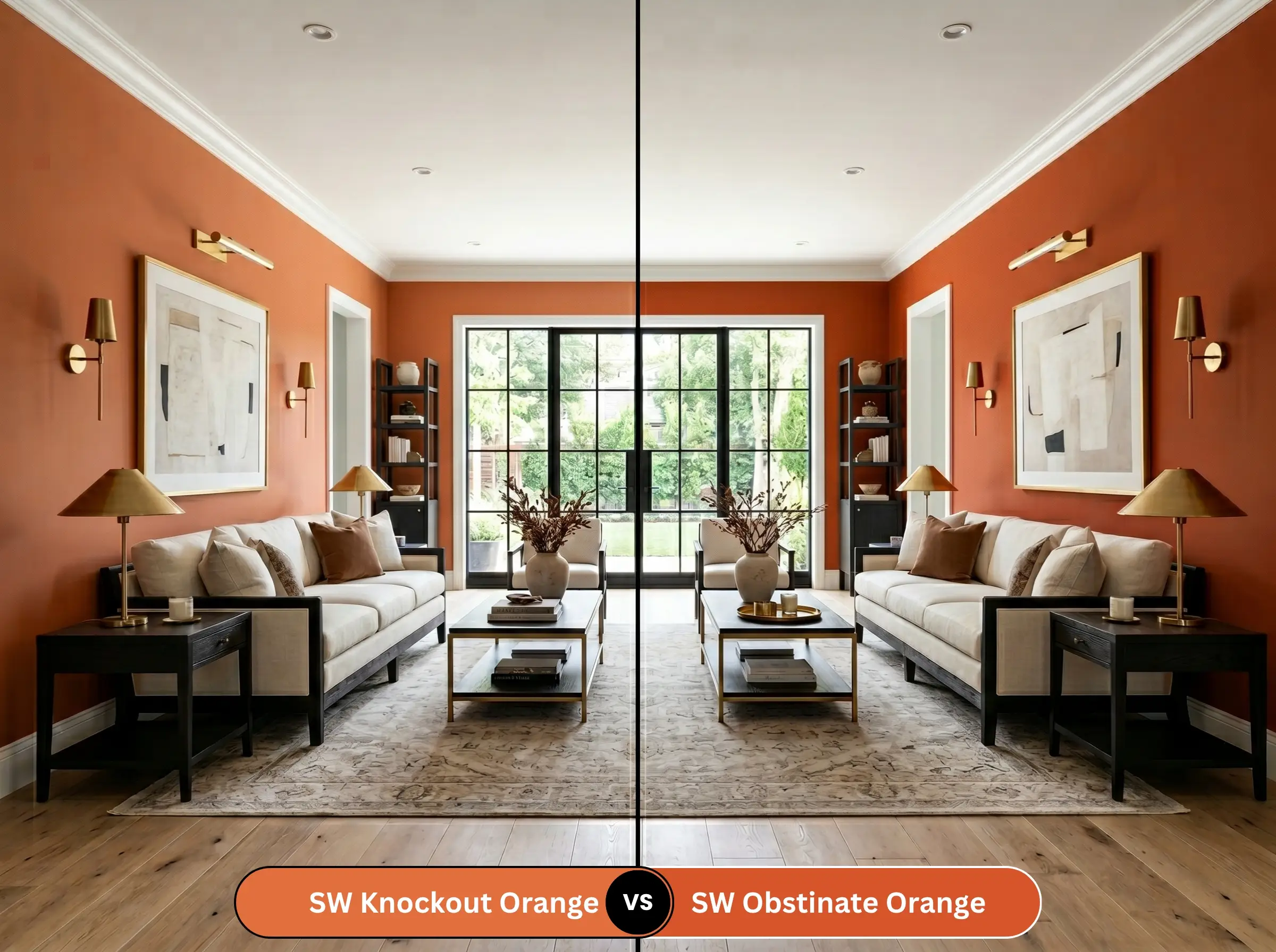 A side-by-side split-screen comparison of Sherwin-Williams Knockout Orange on the left and Sherwin-Williams Obstinate Orange on the right, shown in a modern transitional living room.