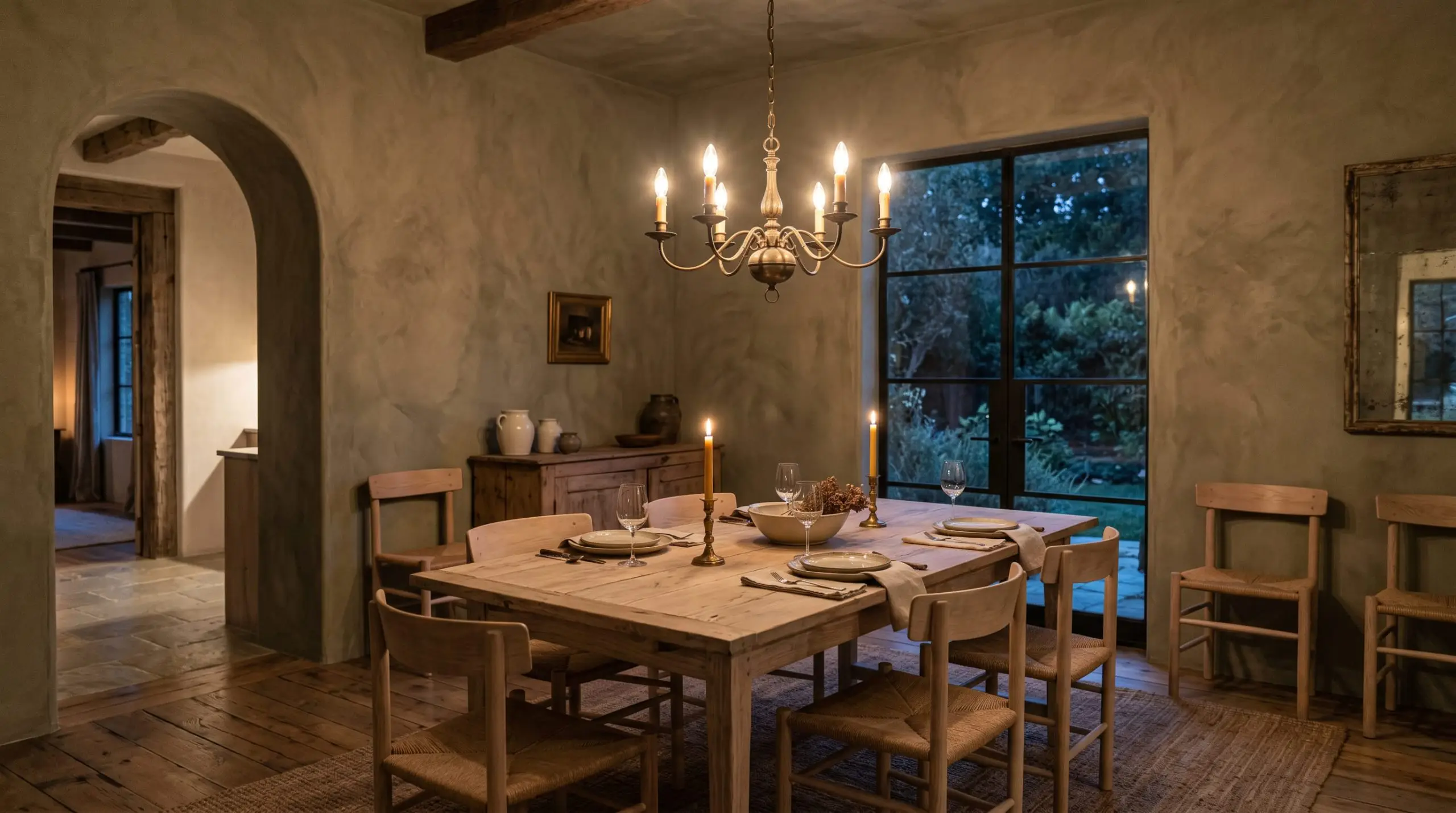 A textured Roman clay limewash application tinted to Sherwin-Williams Loggia (Hex #C4B7A5) covers the walls of an intimate dining room featuring a bleached ash wood table.
