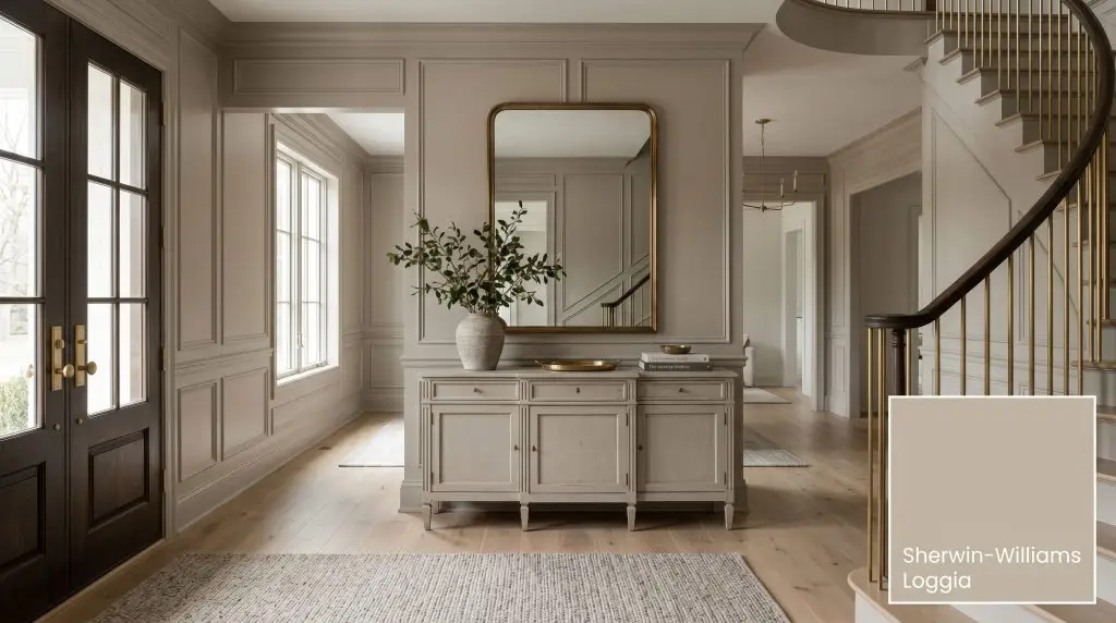 Floor-to-ceiling wainscoting painted in Sherwin-Williams Loggia (Hex #C4B7A5) frames an antique vintage console, European white oak flooring, and unlacquered brass accents.