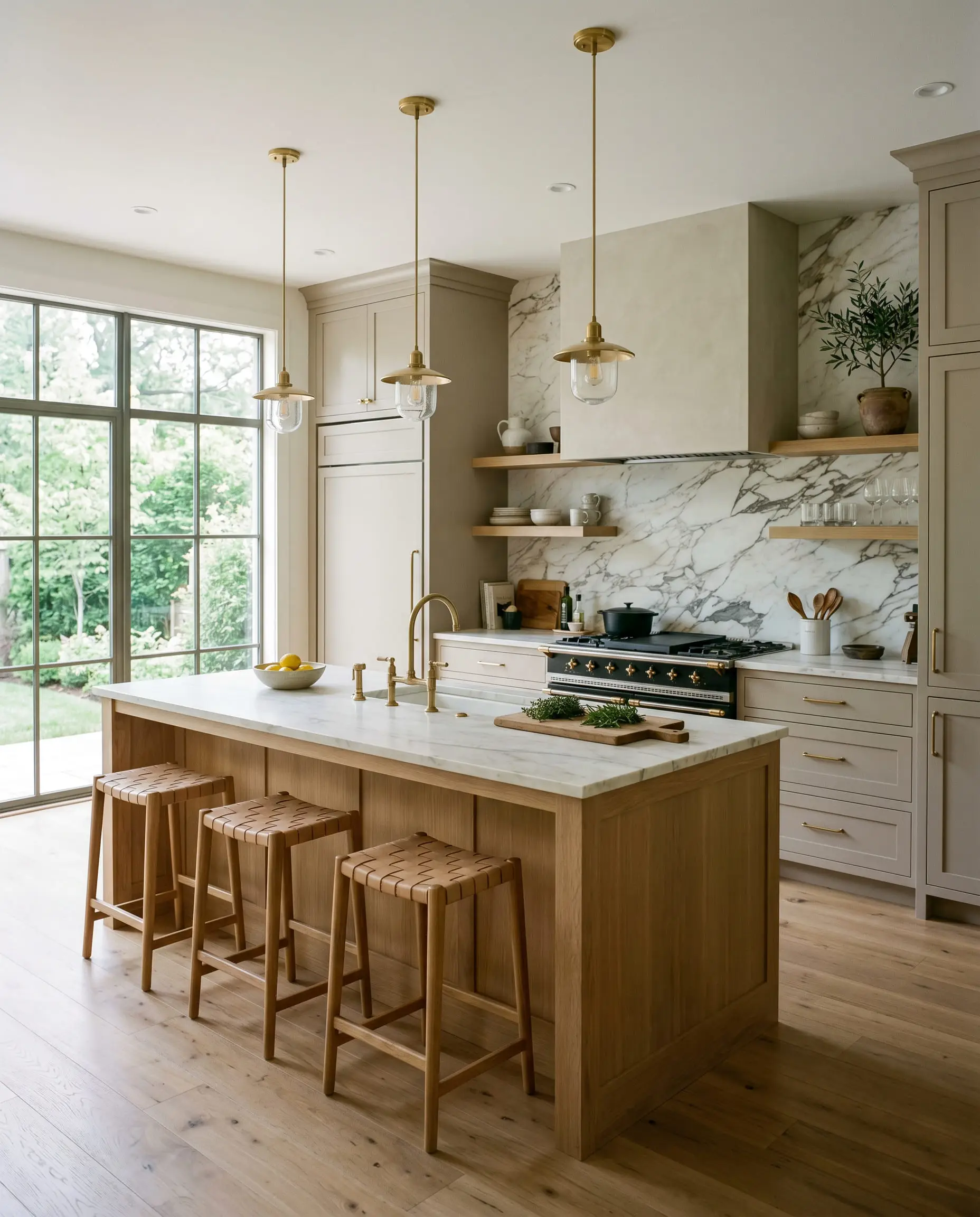 Custom kitchen cabinetry painted in Sherwin-Williams Loggia (Hex #C4B7A5) contrasts sharply with a dramatic marble backsplash, honed countertops, and a natural wood island.