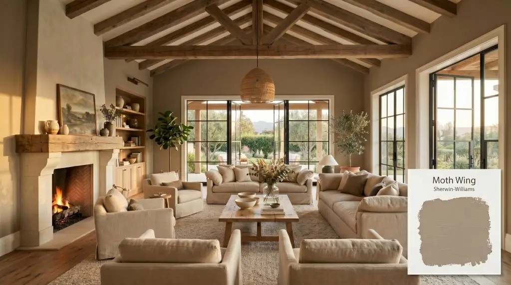 An expansive living room painted in Sherwin-Williams Moth Wing (Hex #A0907F) features raw architectural wood beams, beige linen upholstery, and European white oak flooring.