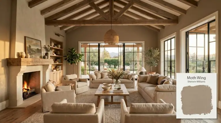 An expansive living room painted in Sherwin-Williams Moth Wing (Hex #A0907F) features raw architectural wood beams, beige linen upholstery, and European white oak flooring.