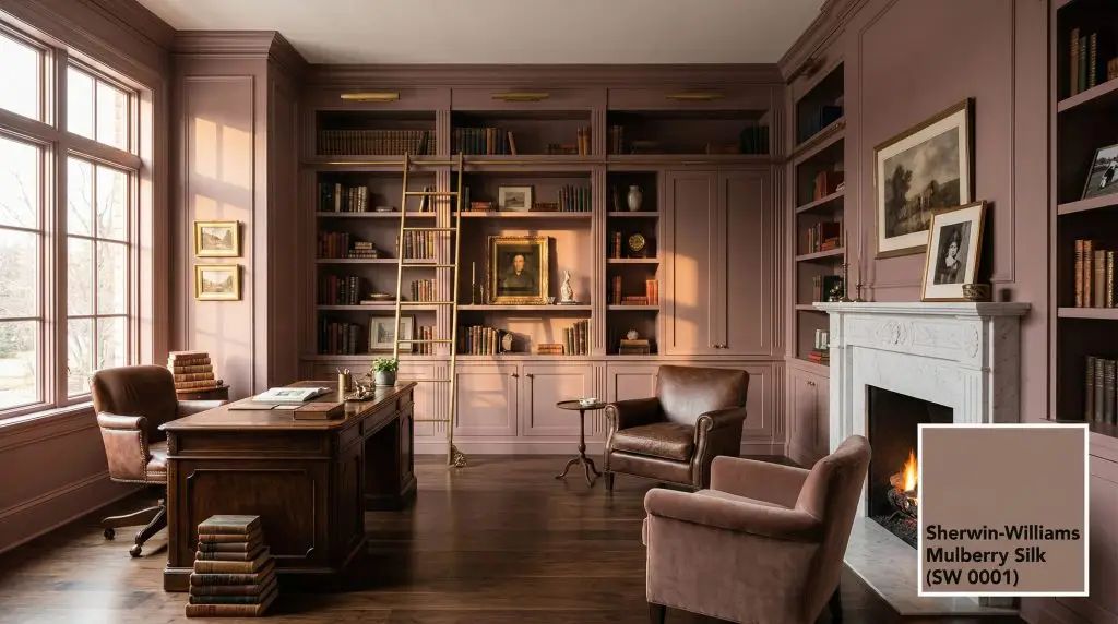A grand heritage study features walls and built-in bookcases color-drenched in Sherwin-Williams Mulberry Silk (Hex #94766C), complemented by dark walnut flooring and a marble fireplace.