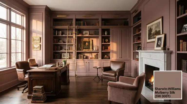 A grand heritage study features walls and built-in bookcases color-drenched in Sherwin-Williams Mulberry Silk (Hex #94766C), complemented by dark walnut flooring and a marble fireplace.