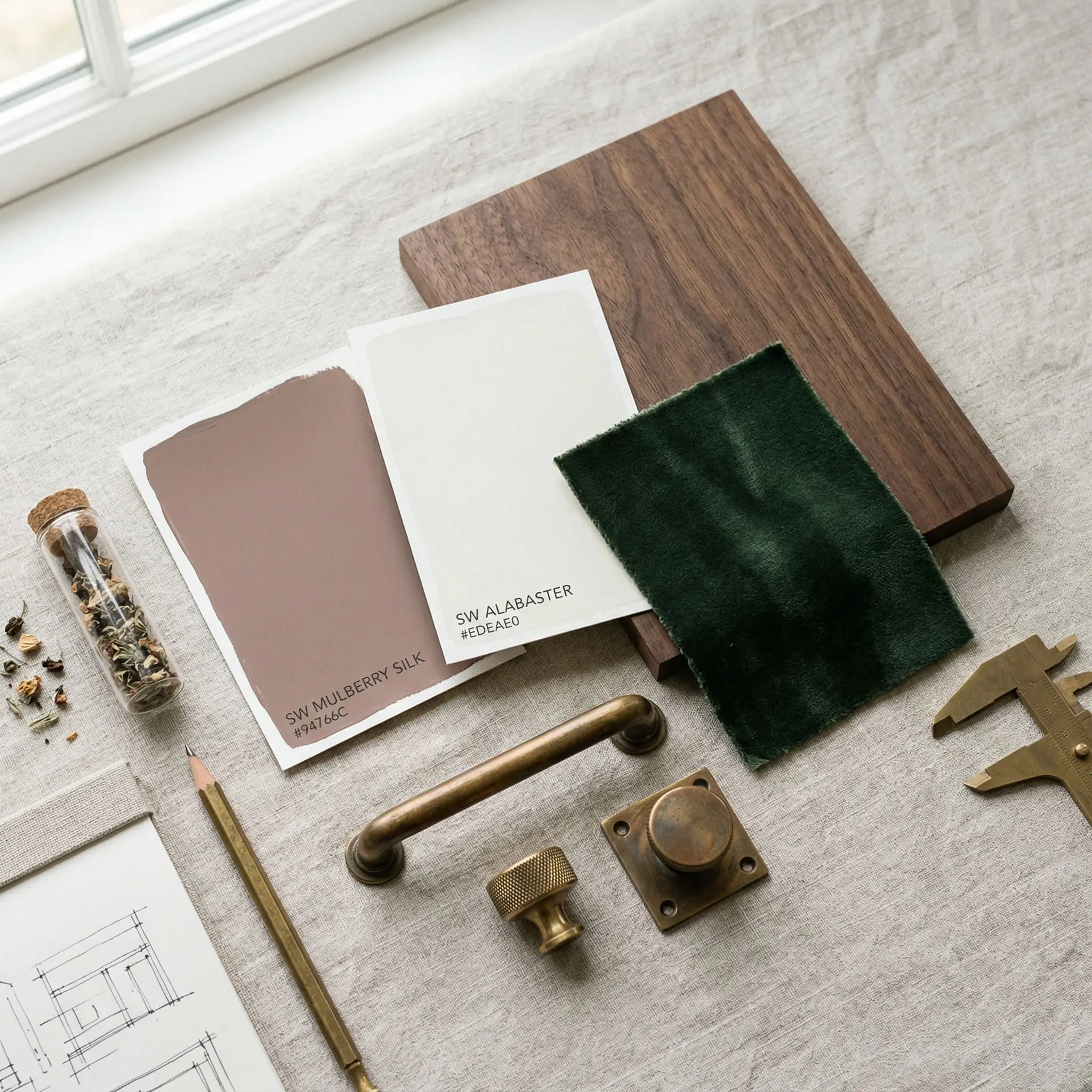 A curated material mood board features a painted color card of Sherwin-Williams Mulberry Silk (Hex #94766C) alongside dark walnut wood, aged brass, and forest green velvet.
