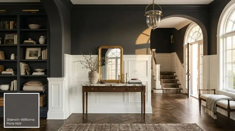 A historic foyer showcases floor-to-ceiling built-ins painted in Sherwin-Williams Perle Noir (Hex #4F4D51) above Chantilly Lace wainscoting, accented by a Calacatta Viola marble console.
