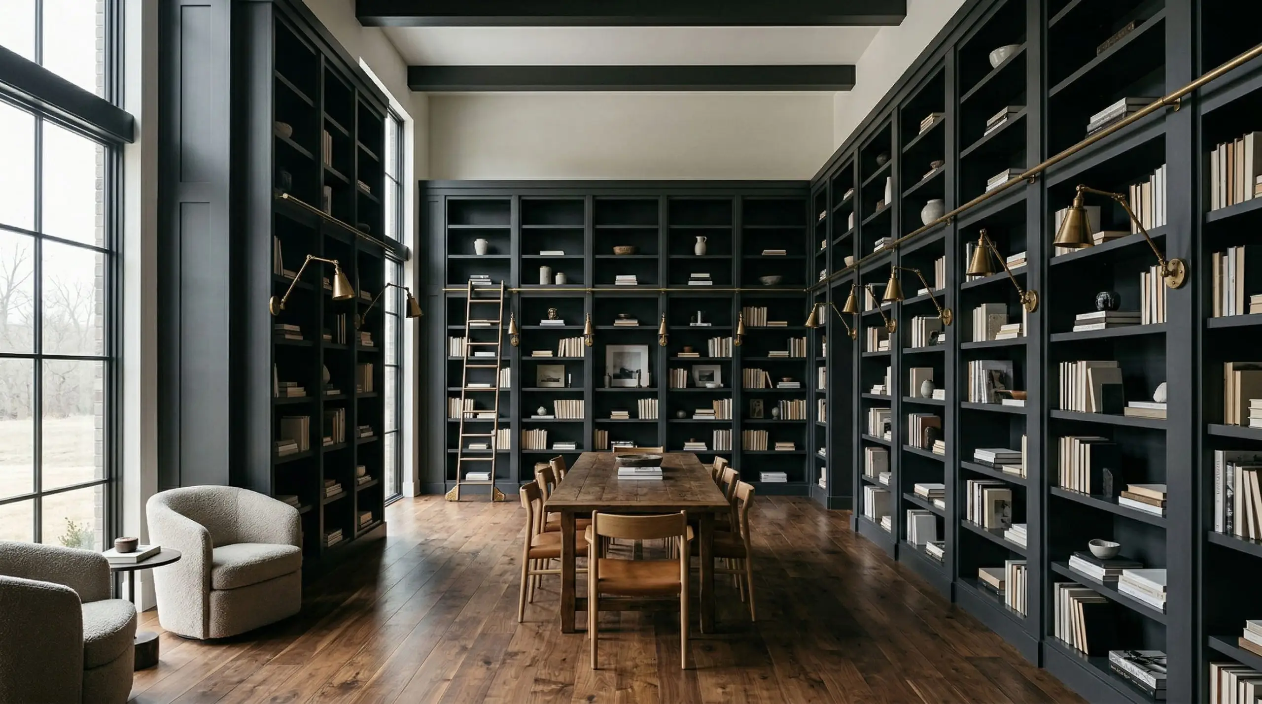 Floor-to-ceiling library bookcases painted entirely in Sherwin-Williams Perle Noir (Hex #4F4D51) create heavy shadowed depth inside the cubbies under cool North-facing natural light.