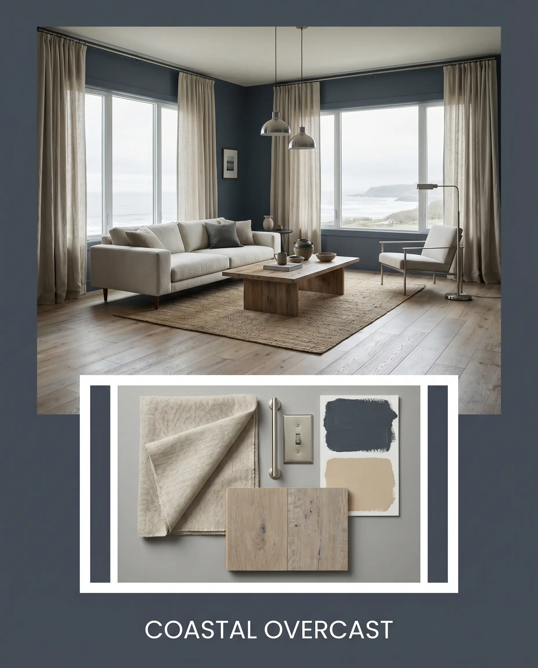 An editorial mood board titled COASTAL OVERCAST displays a living room painted in Sherwin-Williams Sea Mariner (Hex #434A54) above a flat-lay of textured oatmeal linen, brushed nickel, and weathered oak.