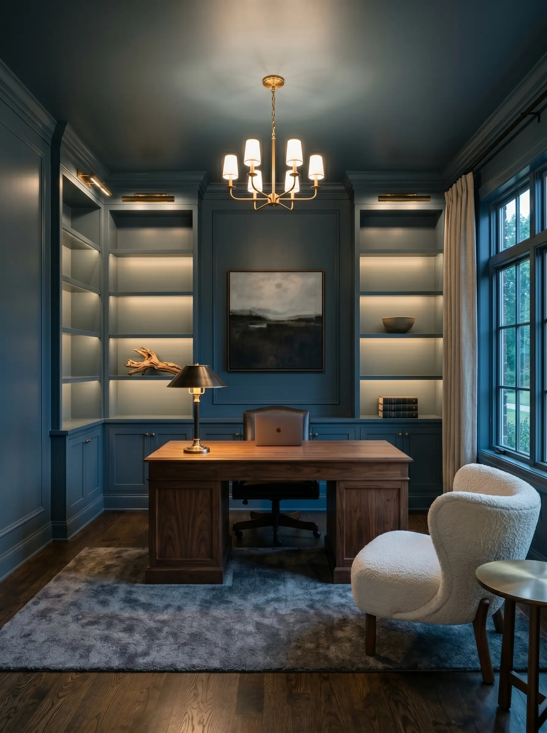 A sophisticated study completely wrapped in Sherwin-Williams Sea Mariner (Hex #434A54) features built-in cabinetry, a traditional heavy walnut desk, and a white boucle accent chair.