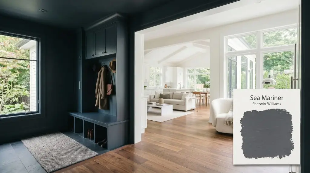 A dramatic mudroom vestibule painted in Sherwin-Williams Sea Mariner (Hex #434A54) opens into a bright living space featuring natural walnut flooring and a white boucle accent chair.