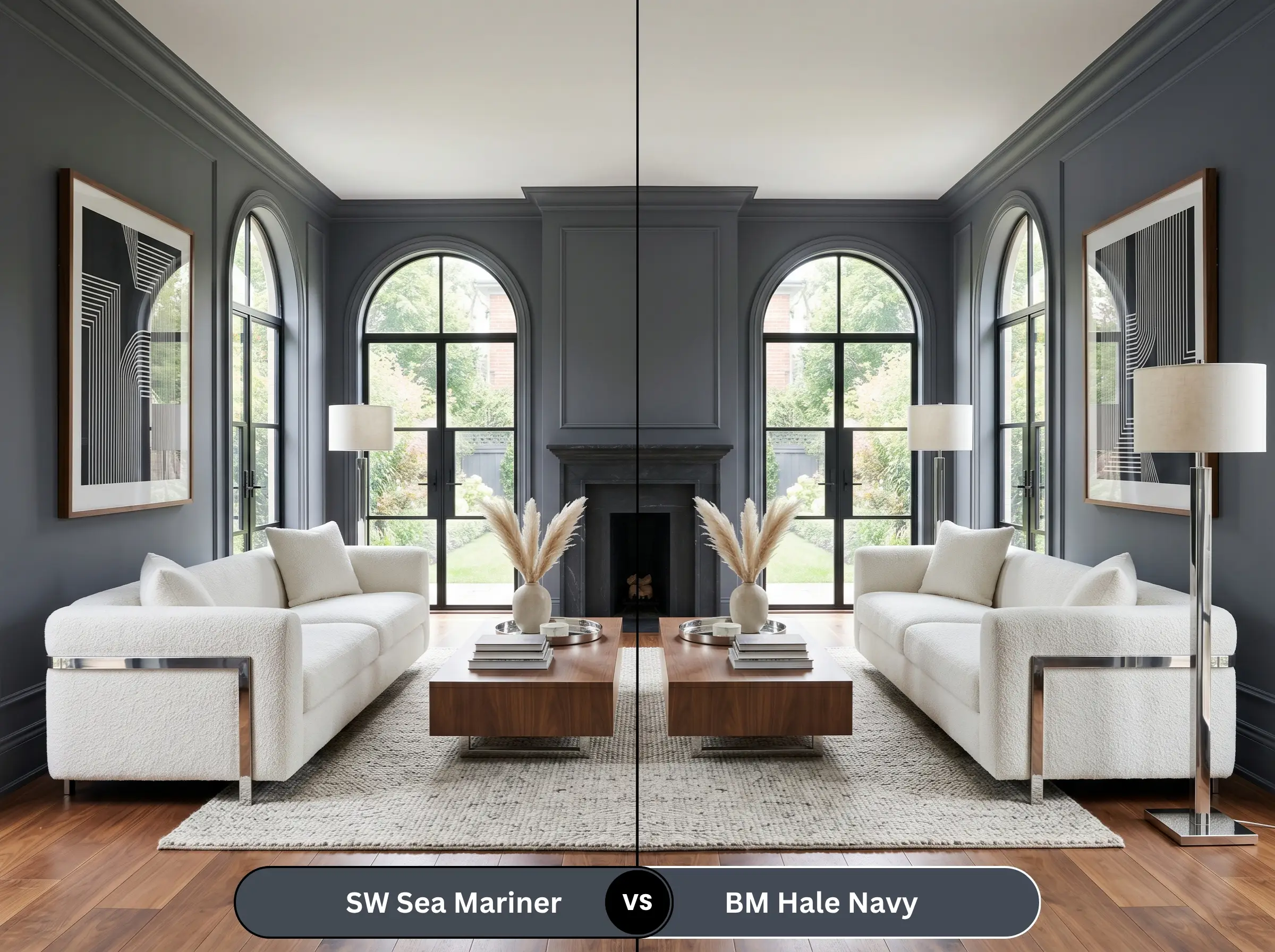 A side-by-side split-screen comparison of Sherwin-Williams Sea Mariner on the left and Benjamin Moore Hale Navy on the right, shown in a transitional living room with walnut flooring.