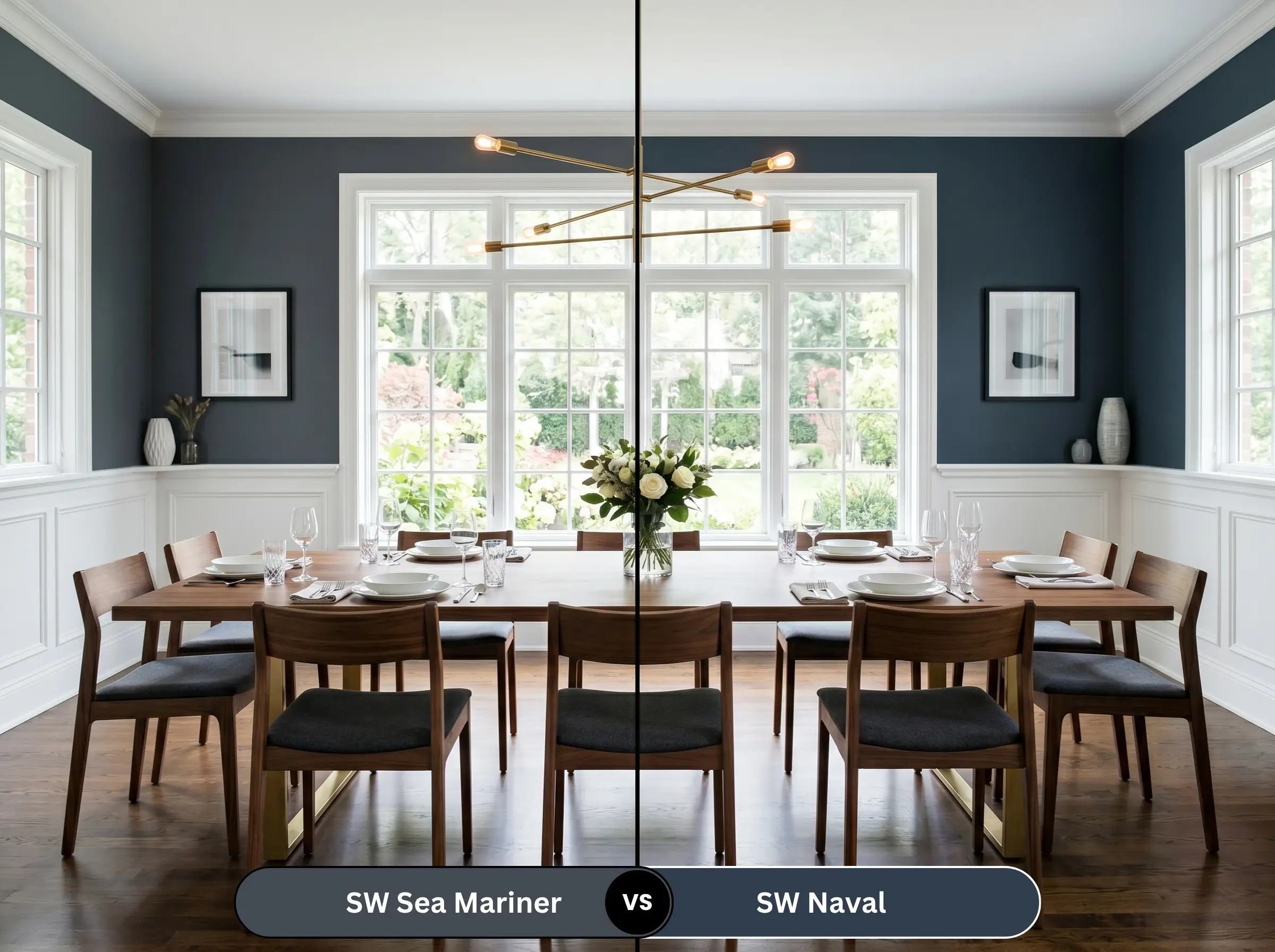 A side-by-side split-screen comparison of Sherwin-Williams Sea Mariner on the left and Sherwin-Williams Naval on the right, shown in an elegant dining room with crisp white wainscoting.