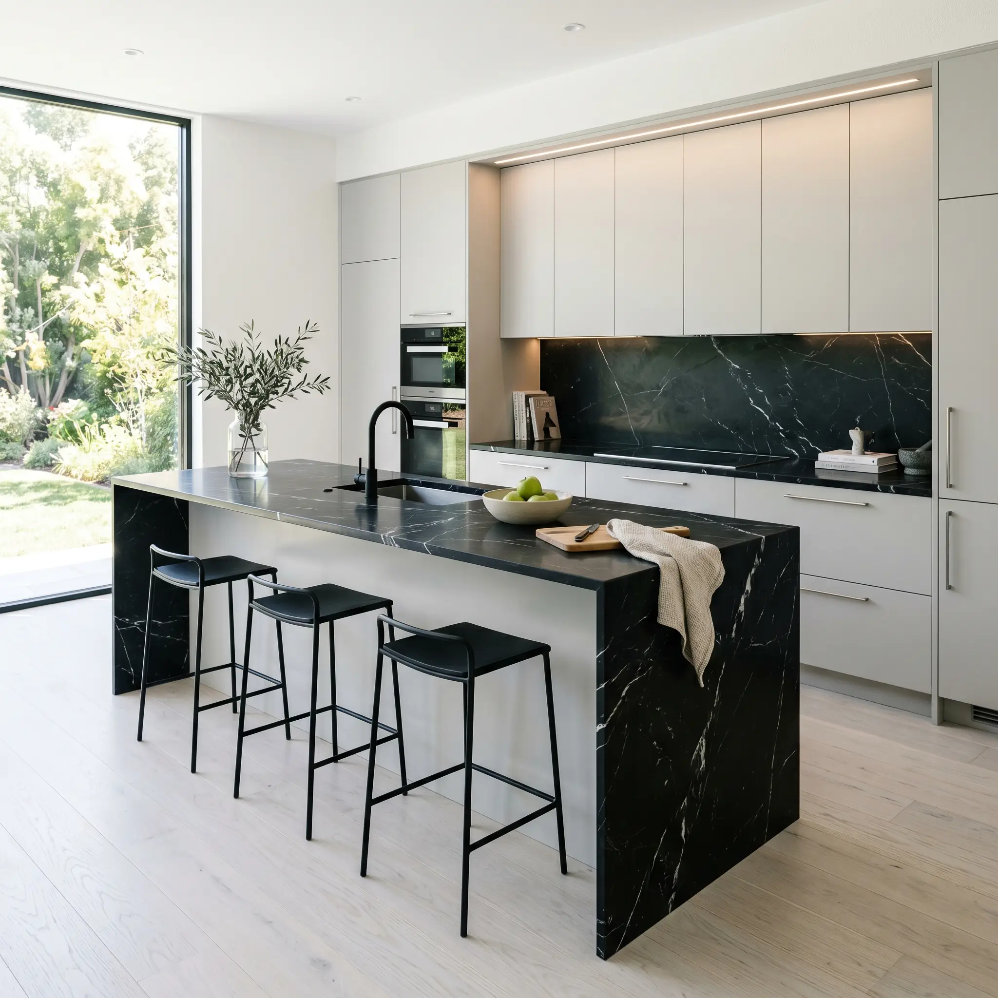 Flat-panel kitchen cabinetry in a crisp twilight grey pairs with a Honed Nero Marquina marble waterfall island, minimalist cold-rolled steel hardware, and white-washed ash wood floors.