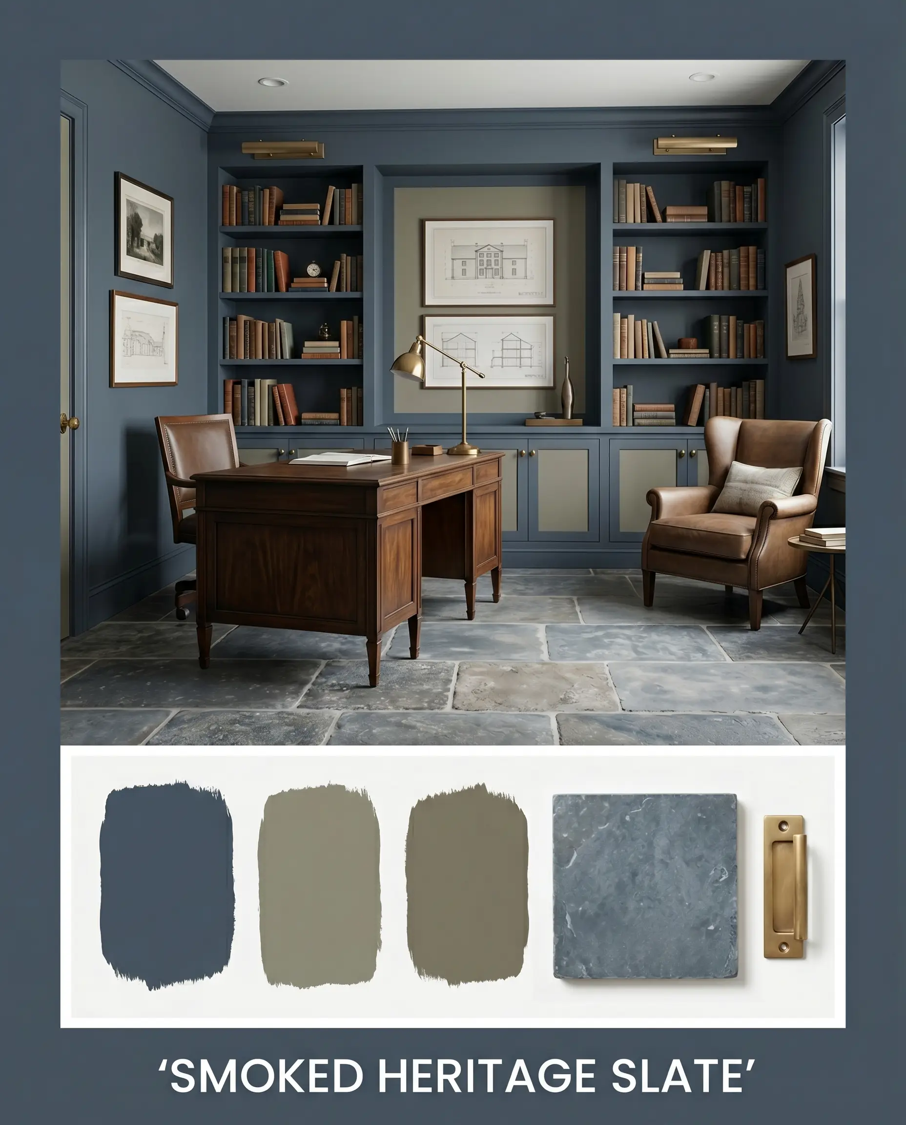 Tumbled Belgian bluestone and unlacquered brass hardware rest on an editorial concept board titled SMOKED HERITAGE SLATE alongside an intellectual home office design.