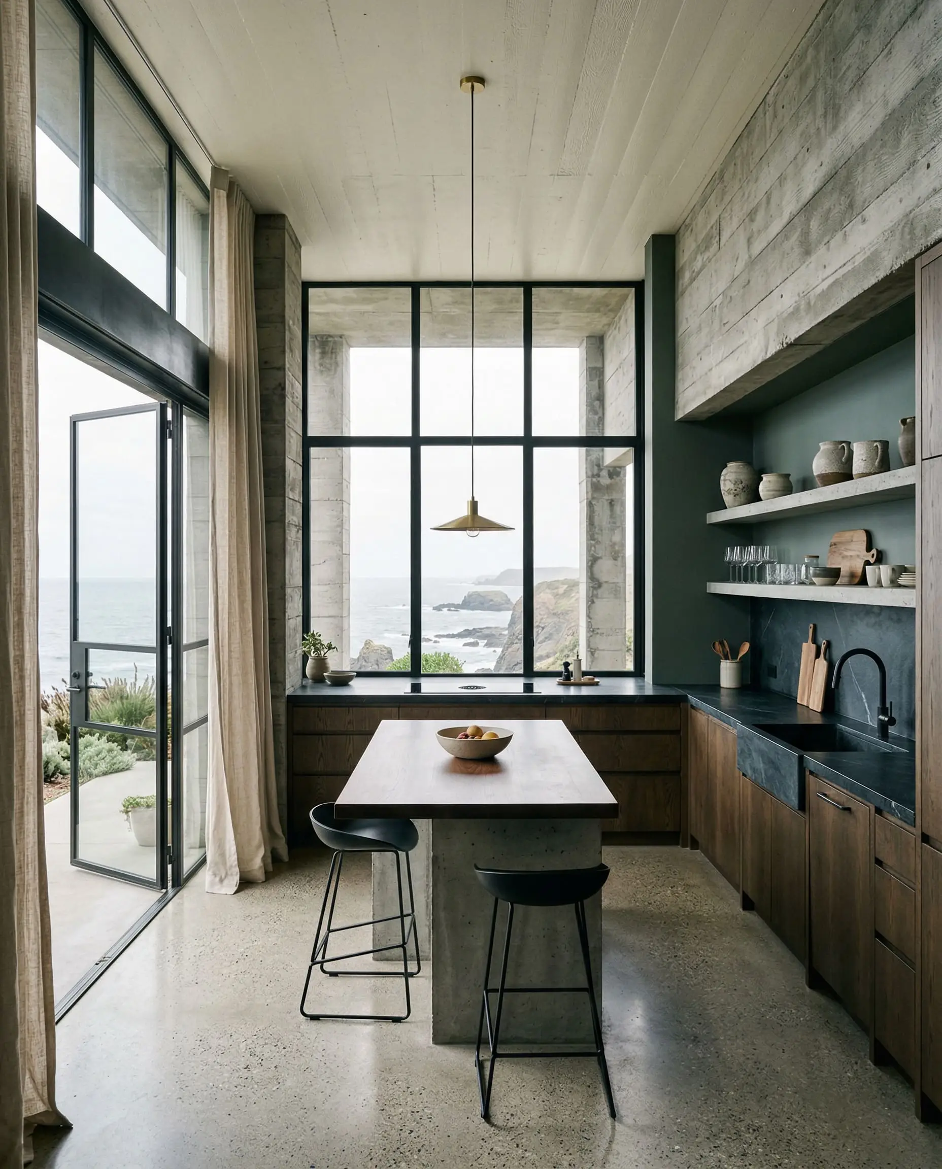 Heavy honed soapstone countertops and matte black fixtures define a coastal brutalist kitchen featuring smoky green walls and architectural steel doors.