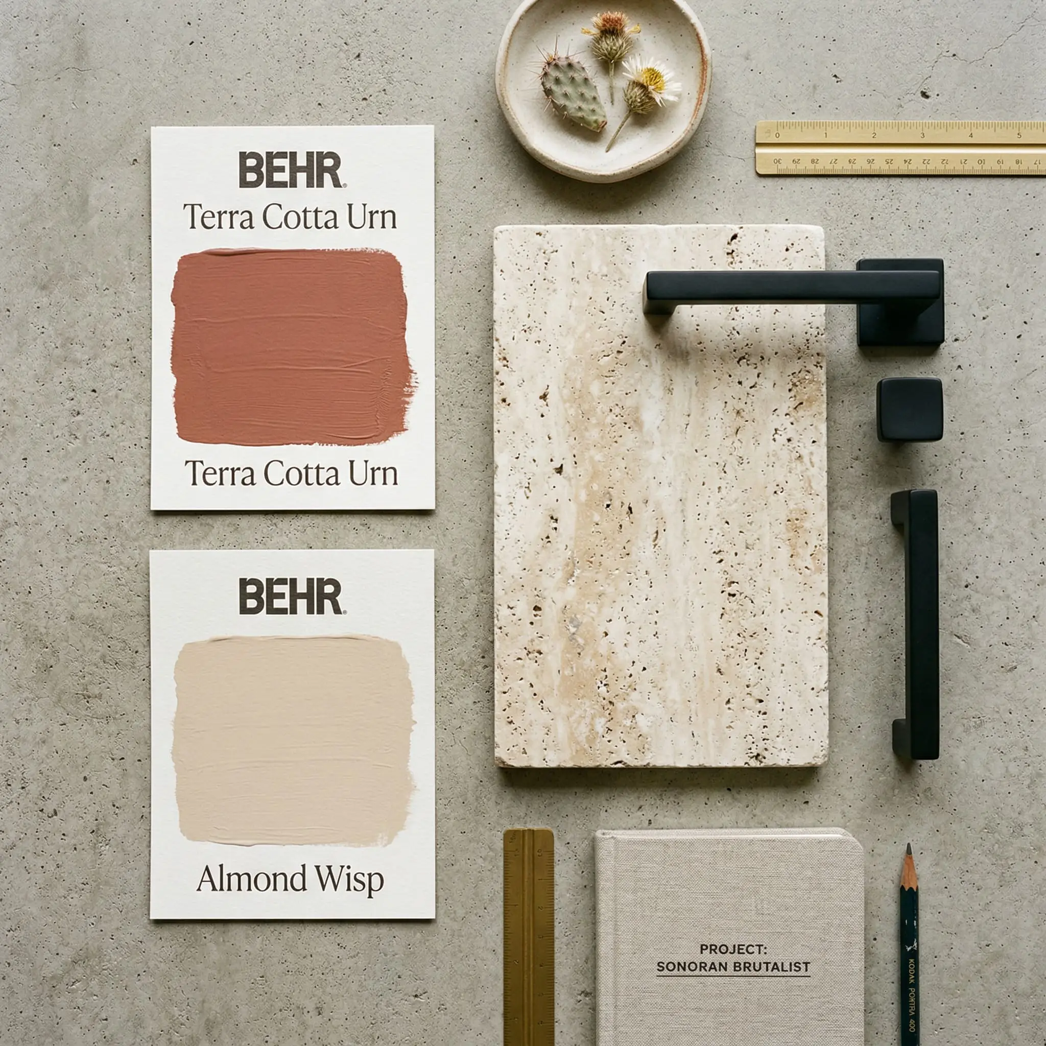 Raw travertine stone and matte black iron hardware rest alongside a painted color card of Terra Cotta Urn (Hex #b06f60) in a minimalist flat-lay.