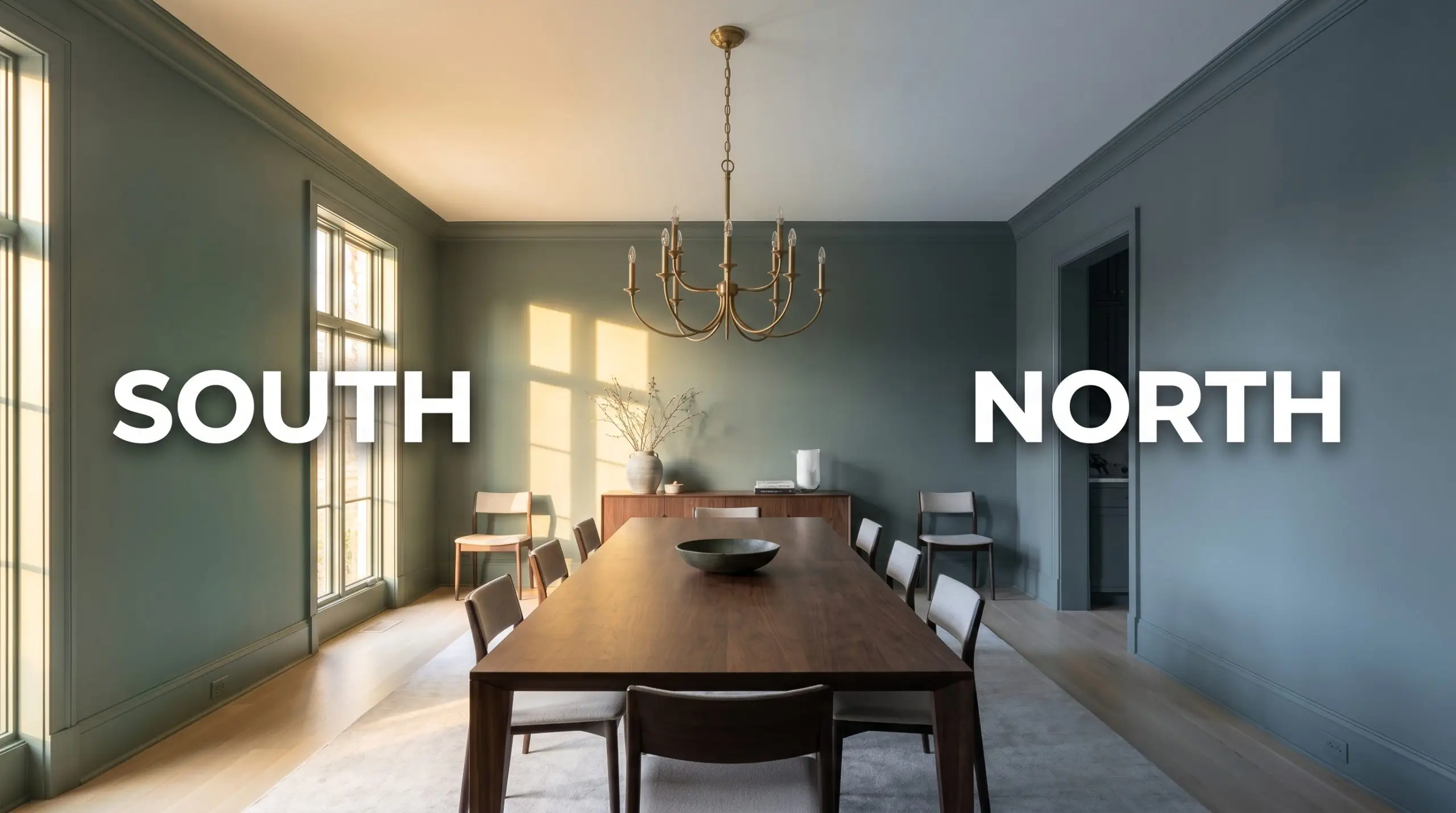 A continuous lighting gradient shifts the paint across a grand dining room from rich teal in warm Southern exposure to cold blue-gray in Northern light.