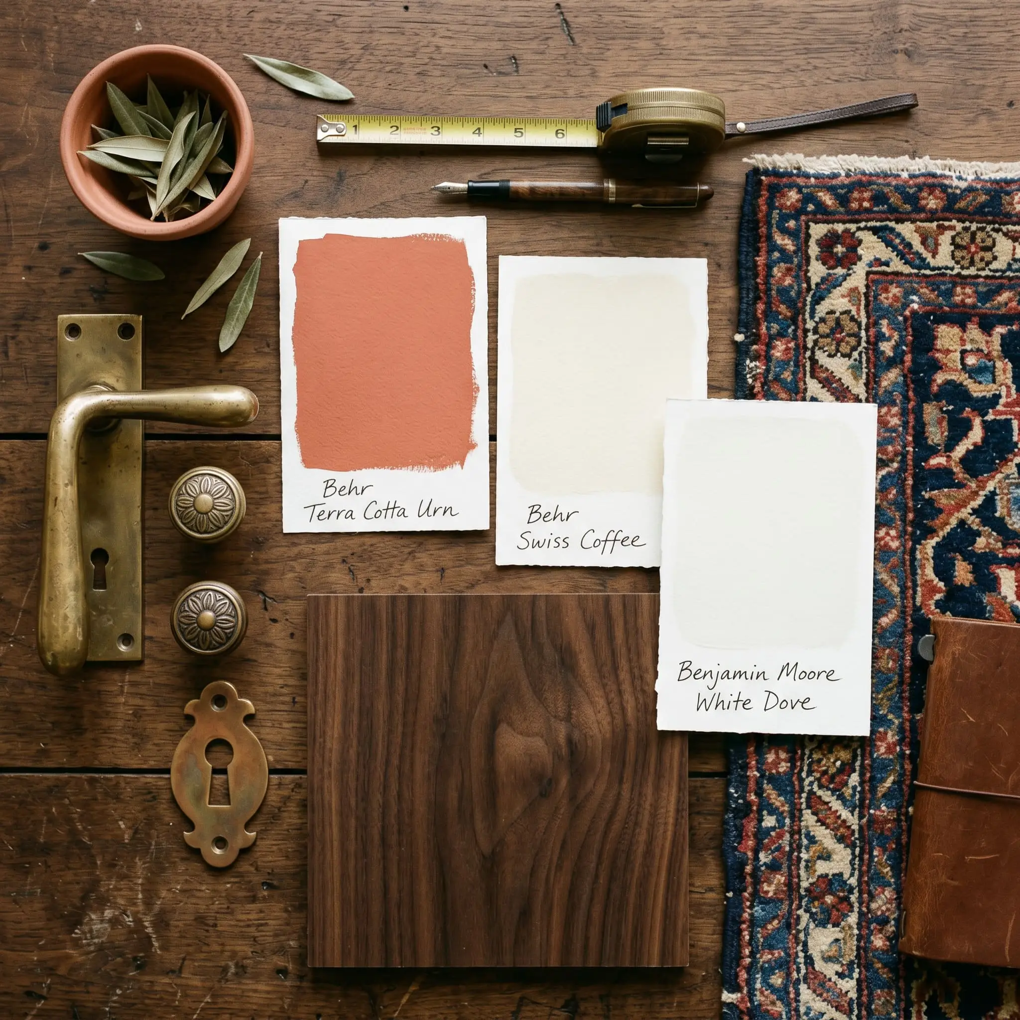 A dark walnut wood swatch, unlacquered brass hardware, and a vintage Persian rug fragment surround a Behr Terra Cotta Urn (Hex #b06f60) color card.