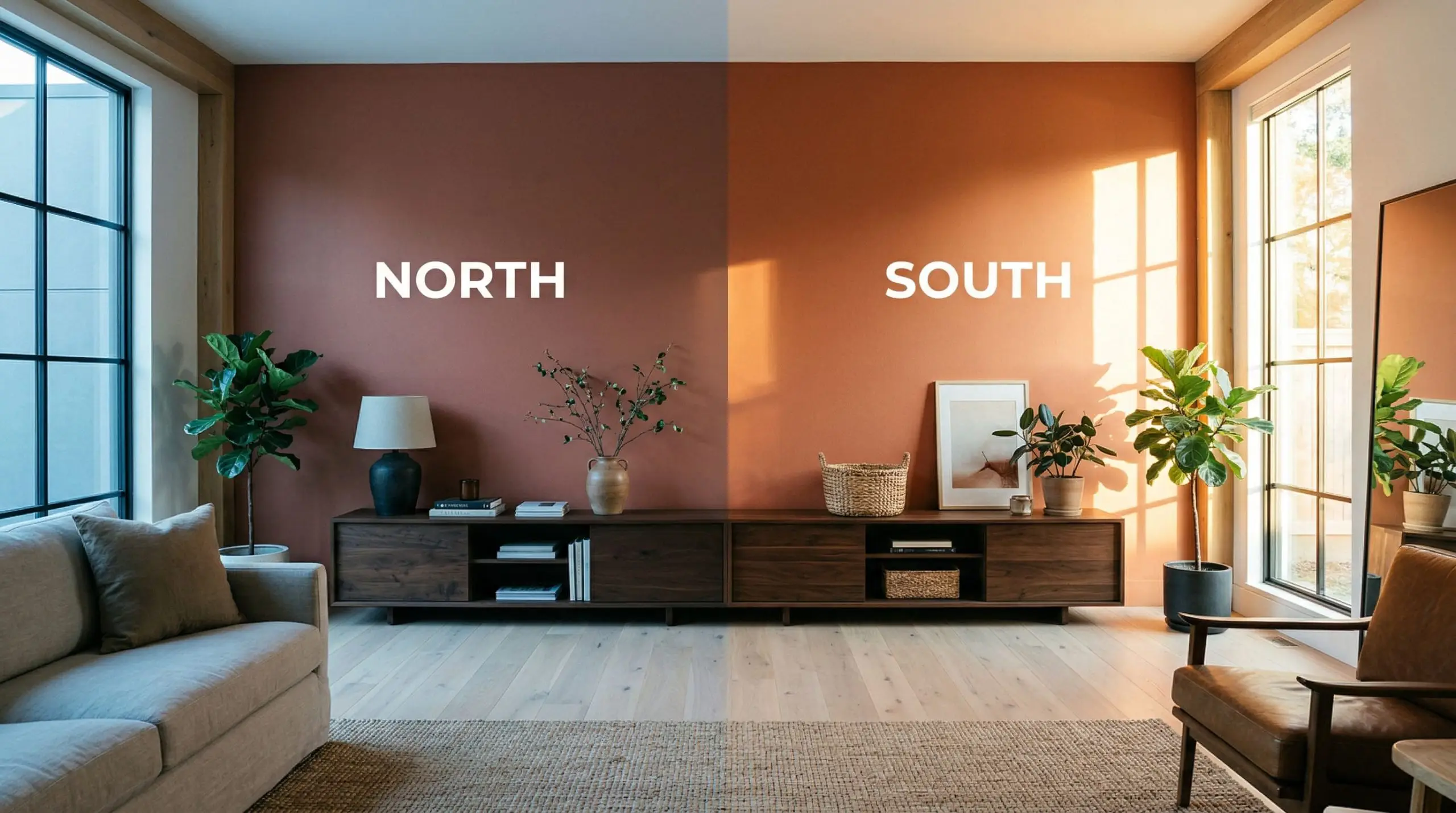 A continuous living room wall painted in Sherwin-Williams Cavern Clay (Hex #AC6B53) demonstrates how cool North-facing light creates muted brick tones while South-facing light reveals a vibrant golden hour glow.