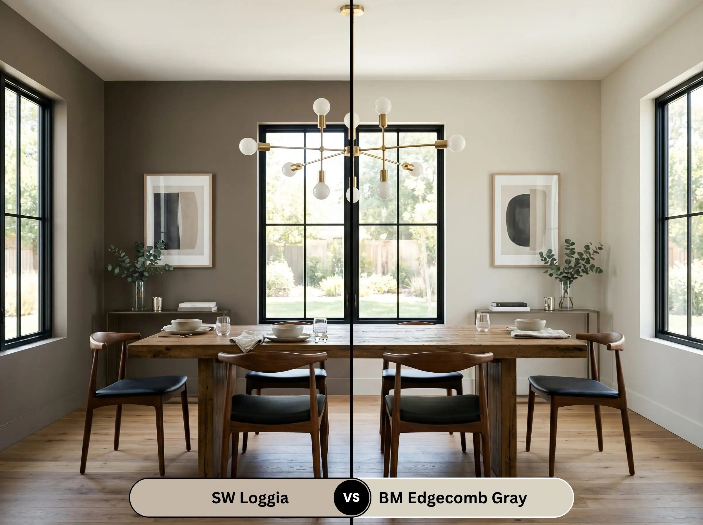 A split-screen dining room comparison displays a rustic European white oak table, contrasting heavy Sherwin-Williams Loggia (Hex #C4B7A5) on the left with airy Edgecomb Gray on the right.