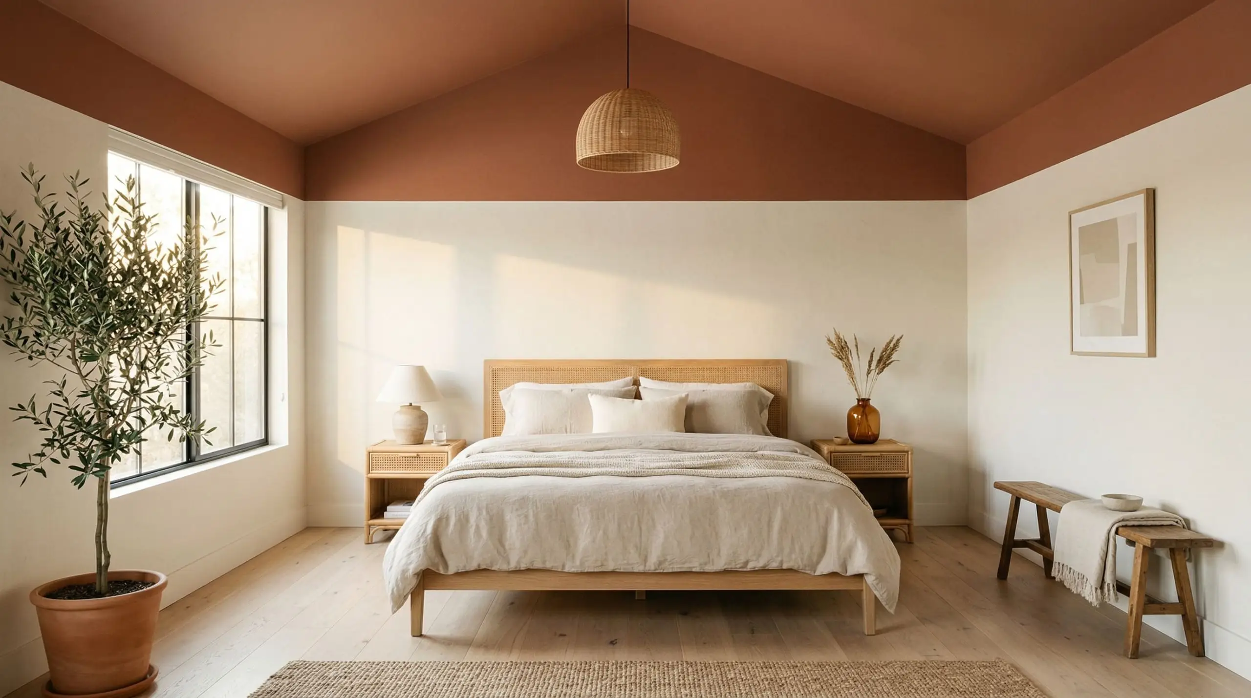 A cozy bohemian bedroom features pale white oak floors and a unique tent-like effect created by painting the ceiling and top quarter of the walls in a rich terracotta.